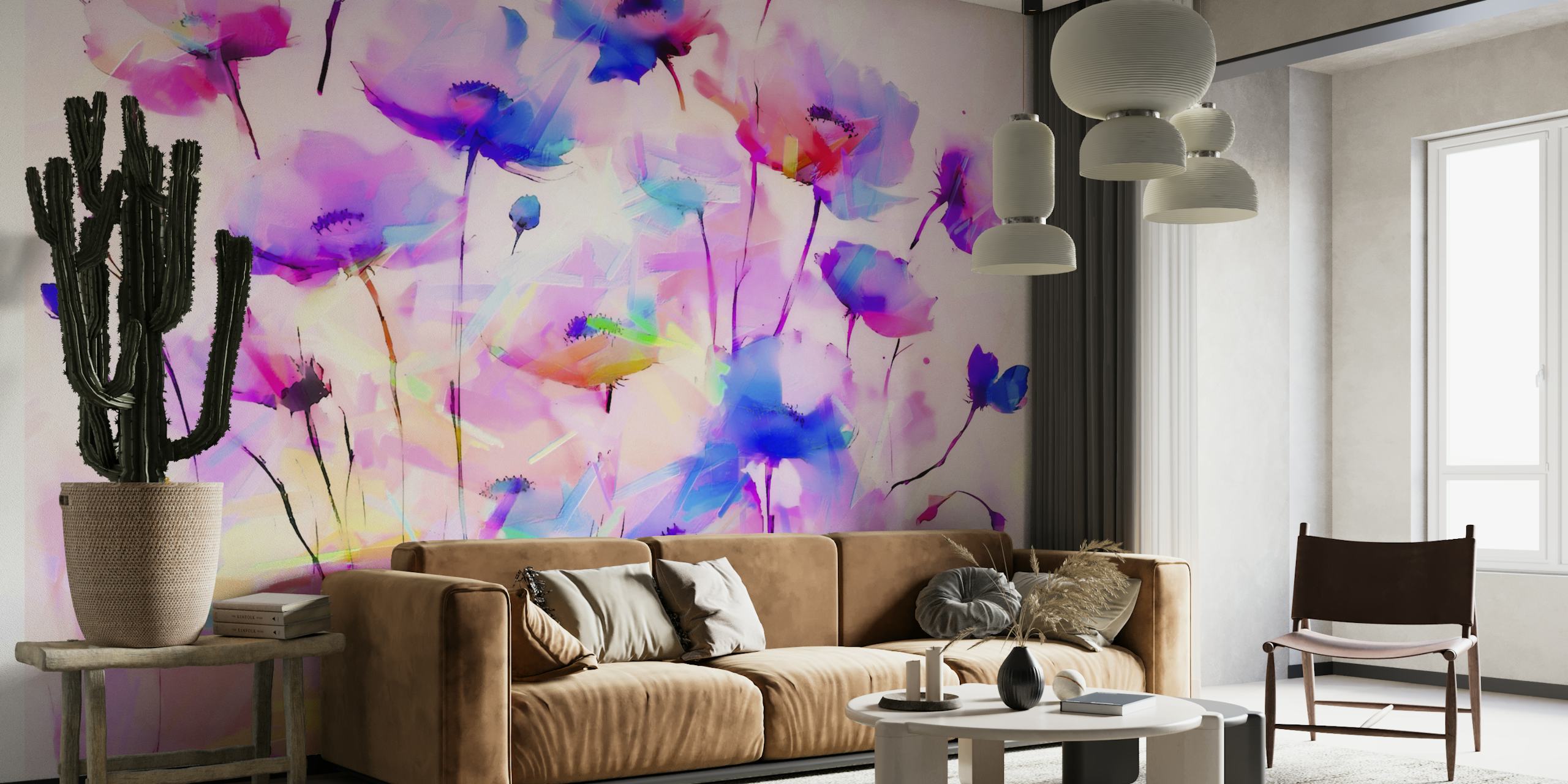 Um mural de parede colorido em estilo aquarela com um campo de flores silvestres abstratas em tons de rosa, azul e amarelo.