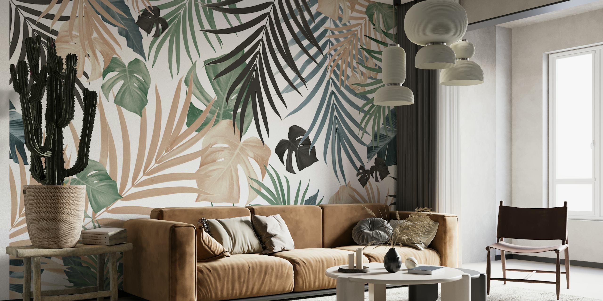 Tropical jungle leaves wall mural in landscape orientation with green botanical patterns