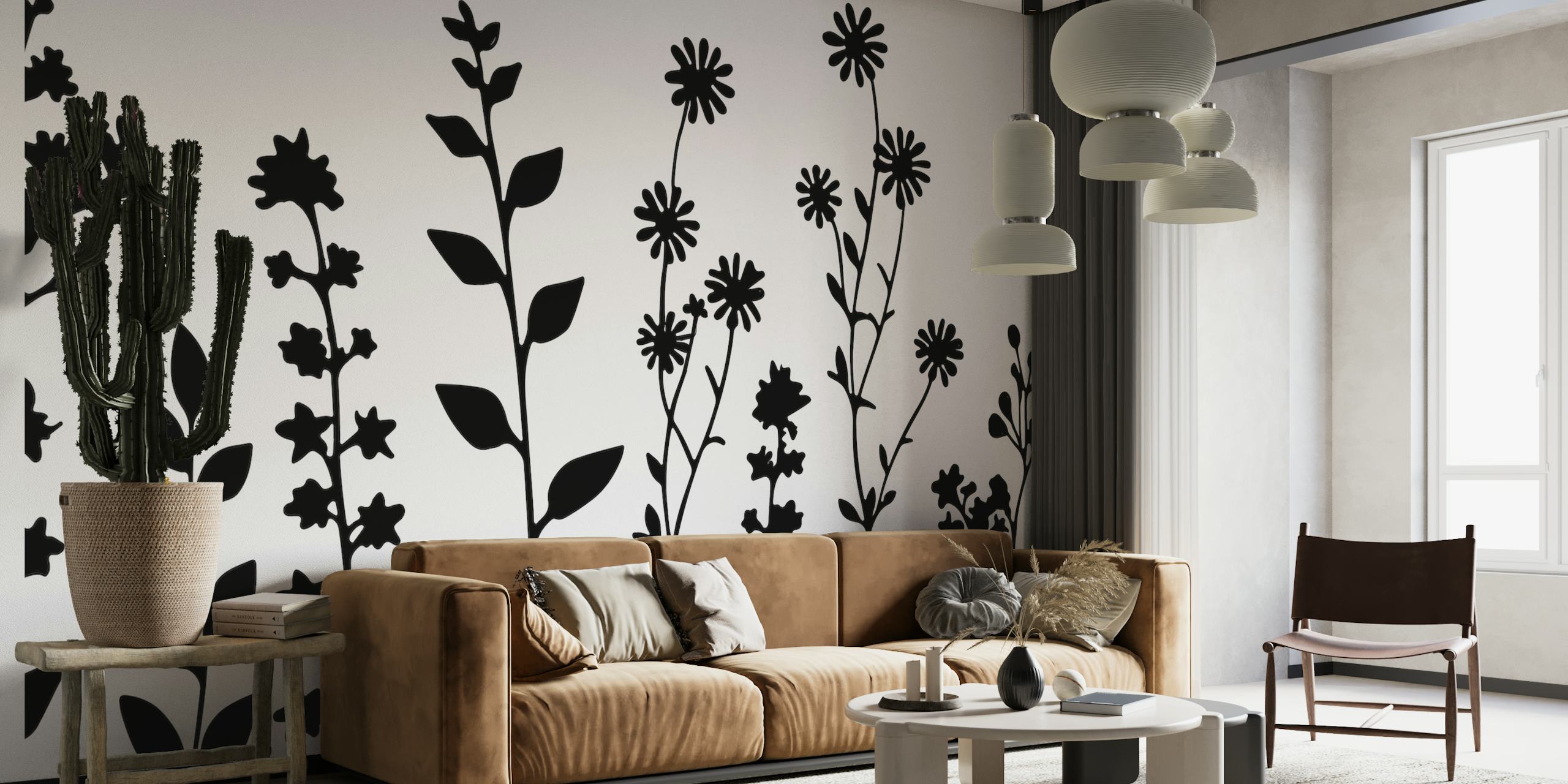 Delicate Wildflower Meadow Black White wallpaper