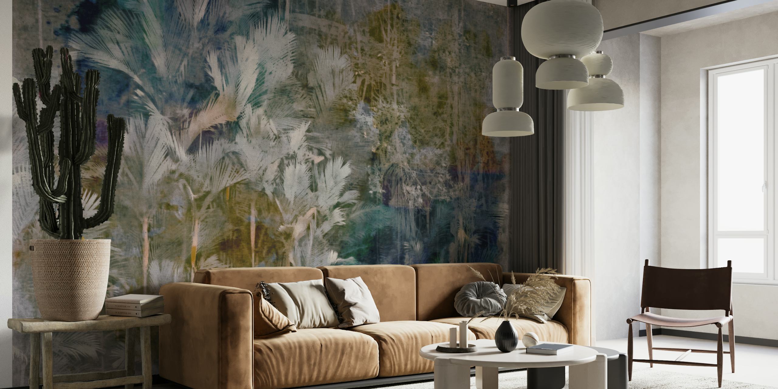 Mural de parede vintage Moody Jungle com folhagem verde suave e uma estética antiga e desgastada