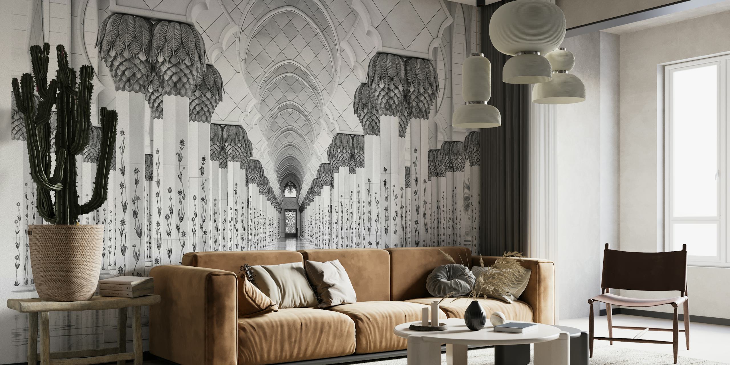 Black and white symmetrical archway wall mural