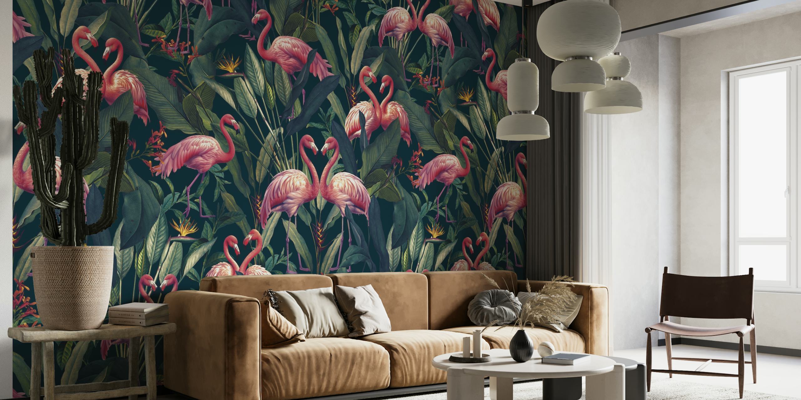 Tropical Flamingos I wallpaper in a room