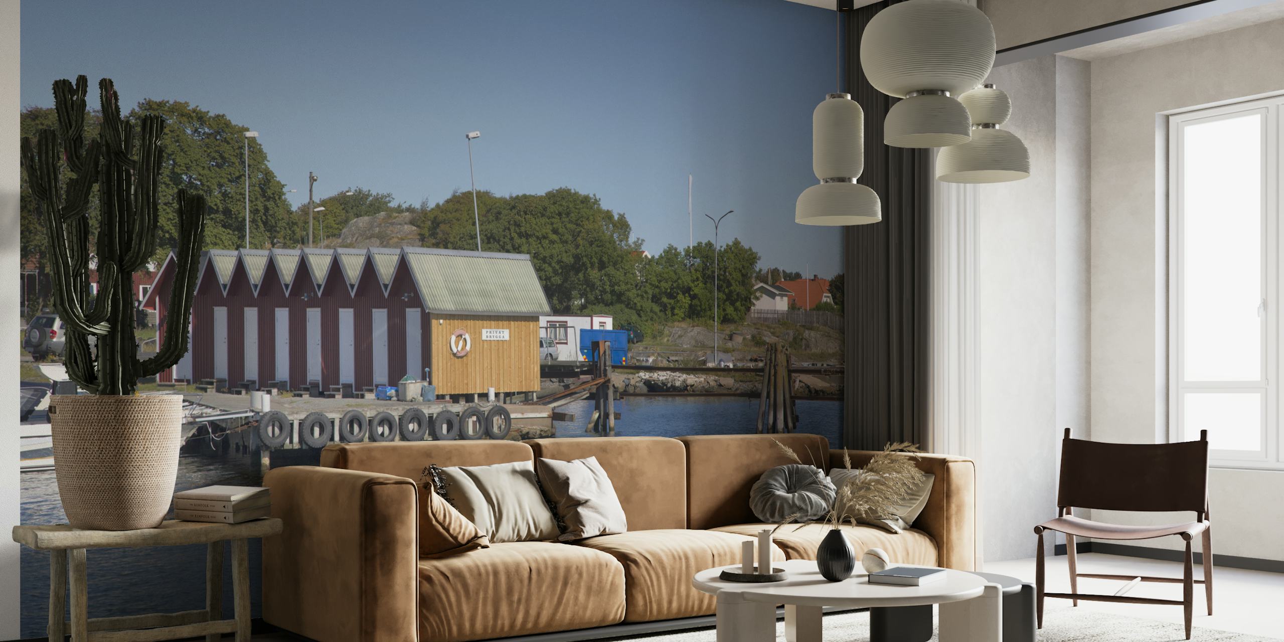 Scandinavian coastal scene with boat huts along the water in Sweden wall mural