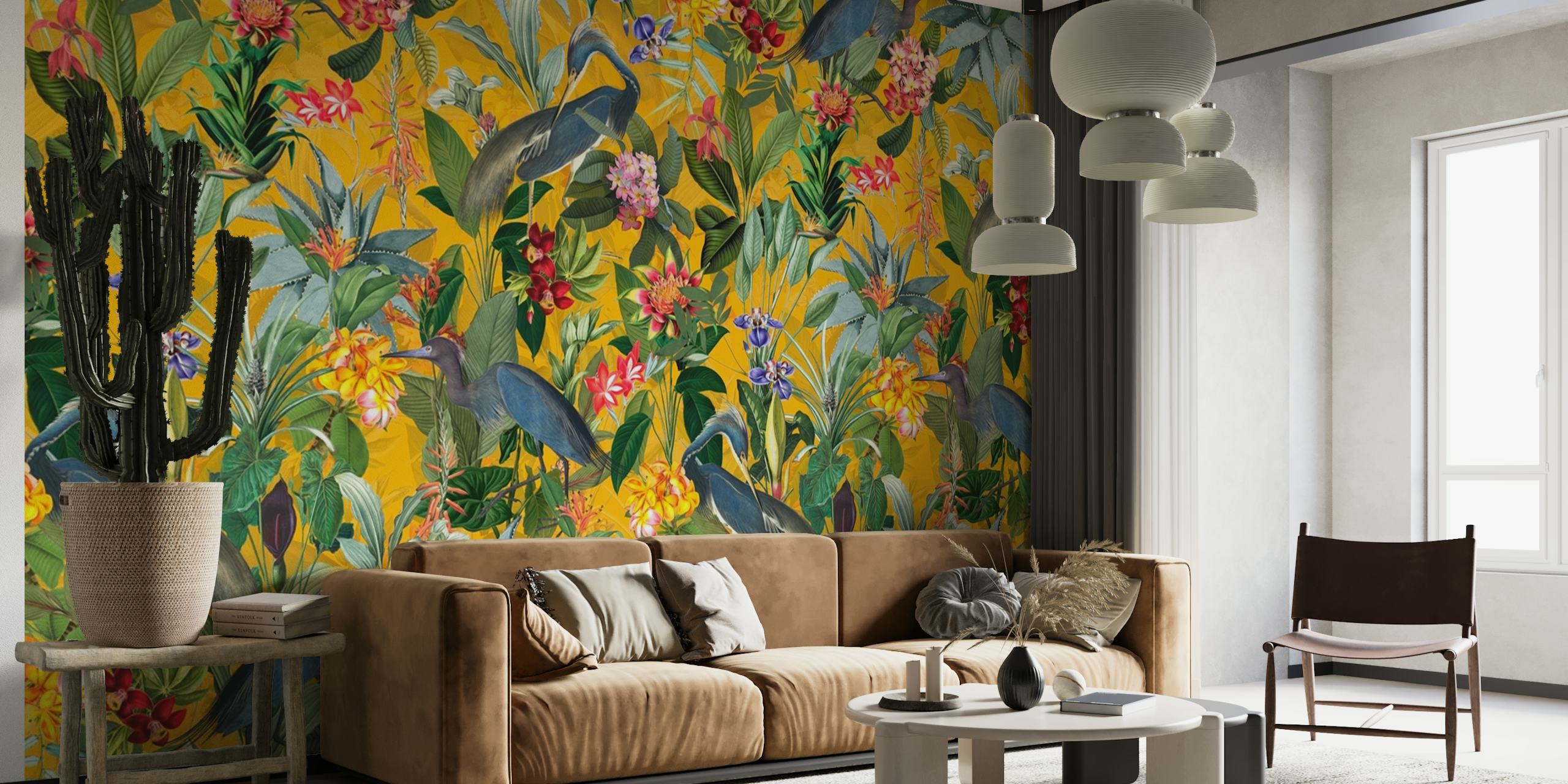 Vibrant Yellow Jungle Wallpaper showcasing Heron Flowers and Blue Herons