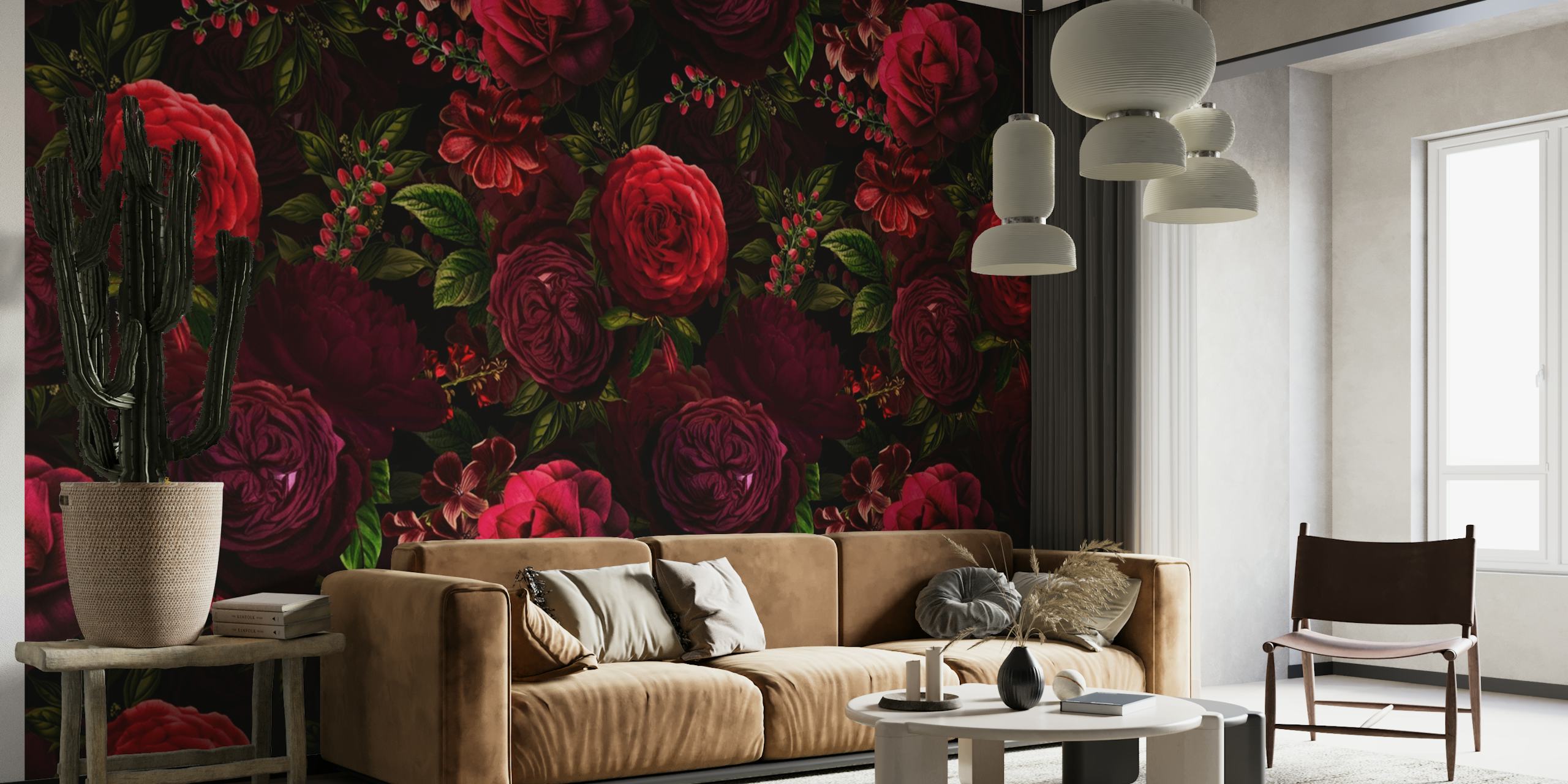 Dark red roses with green leaves floral wallpaper
