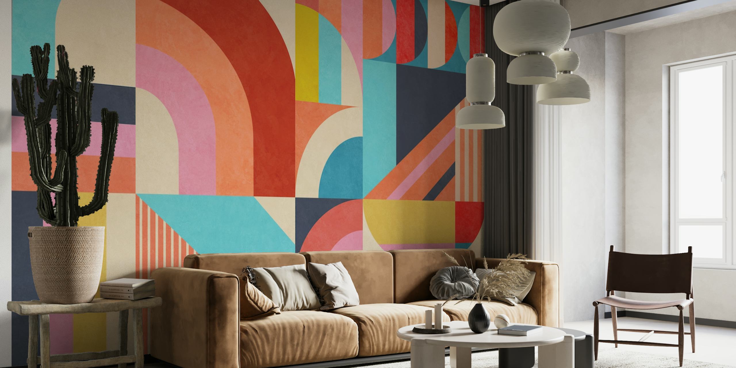 Abstract geometric wall mural with a mix of warm and cool tones