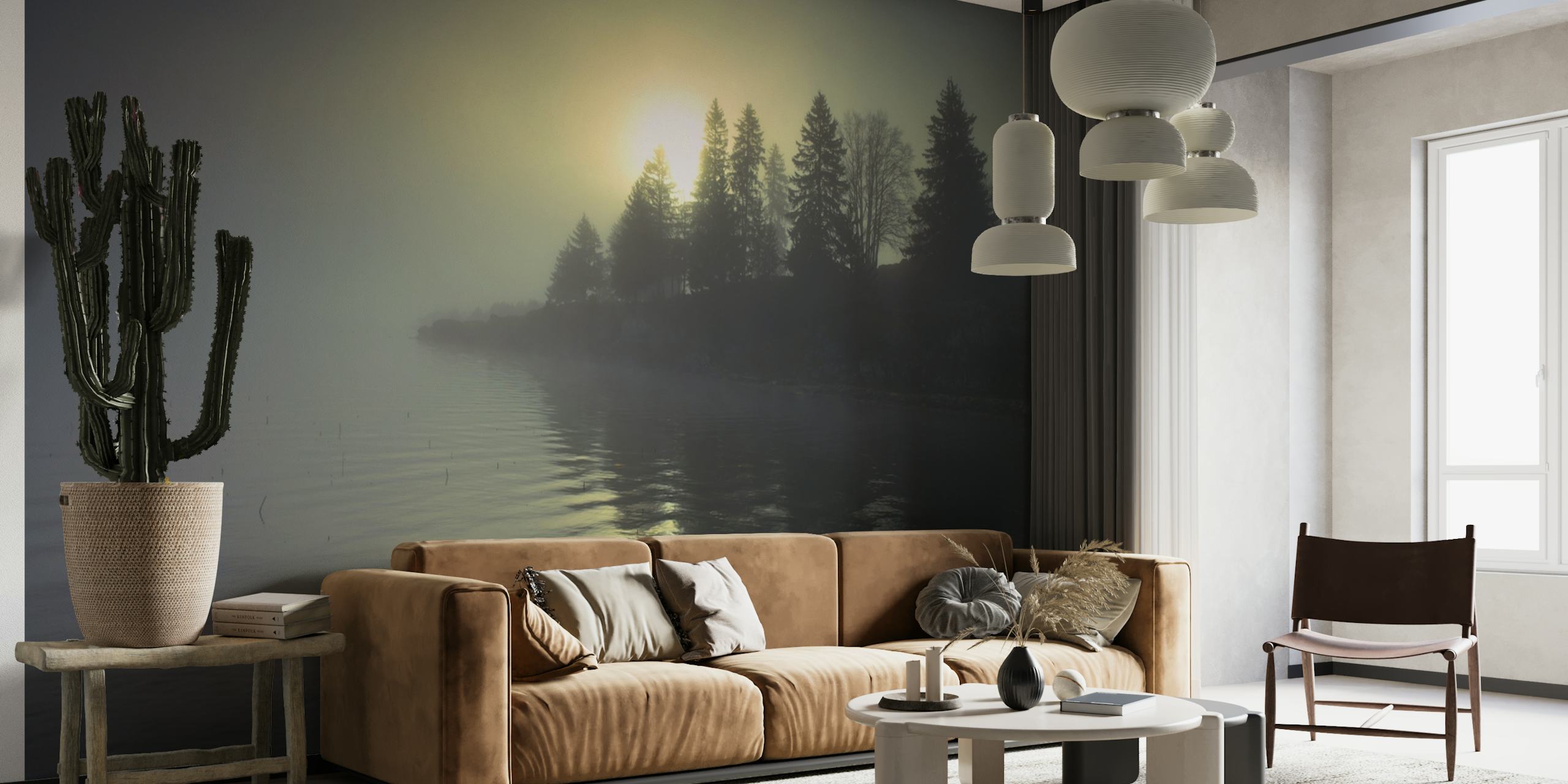 Zidna slika koja prikazuje maglovitu zoru uz jezero s drvećem