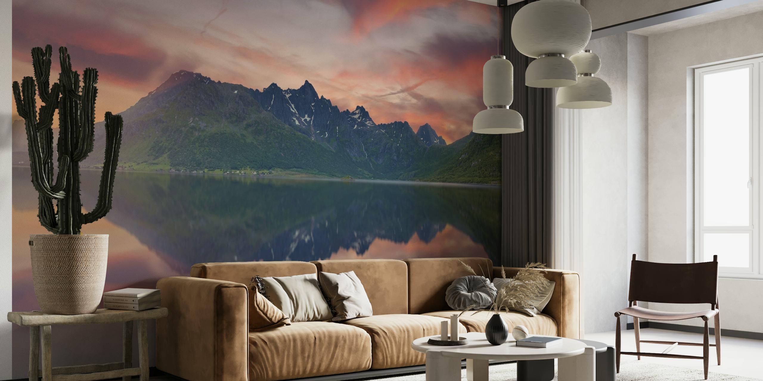 Norwegian landscape with mountains and sunset colors wallpaper