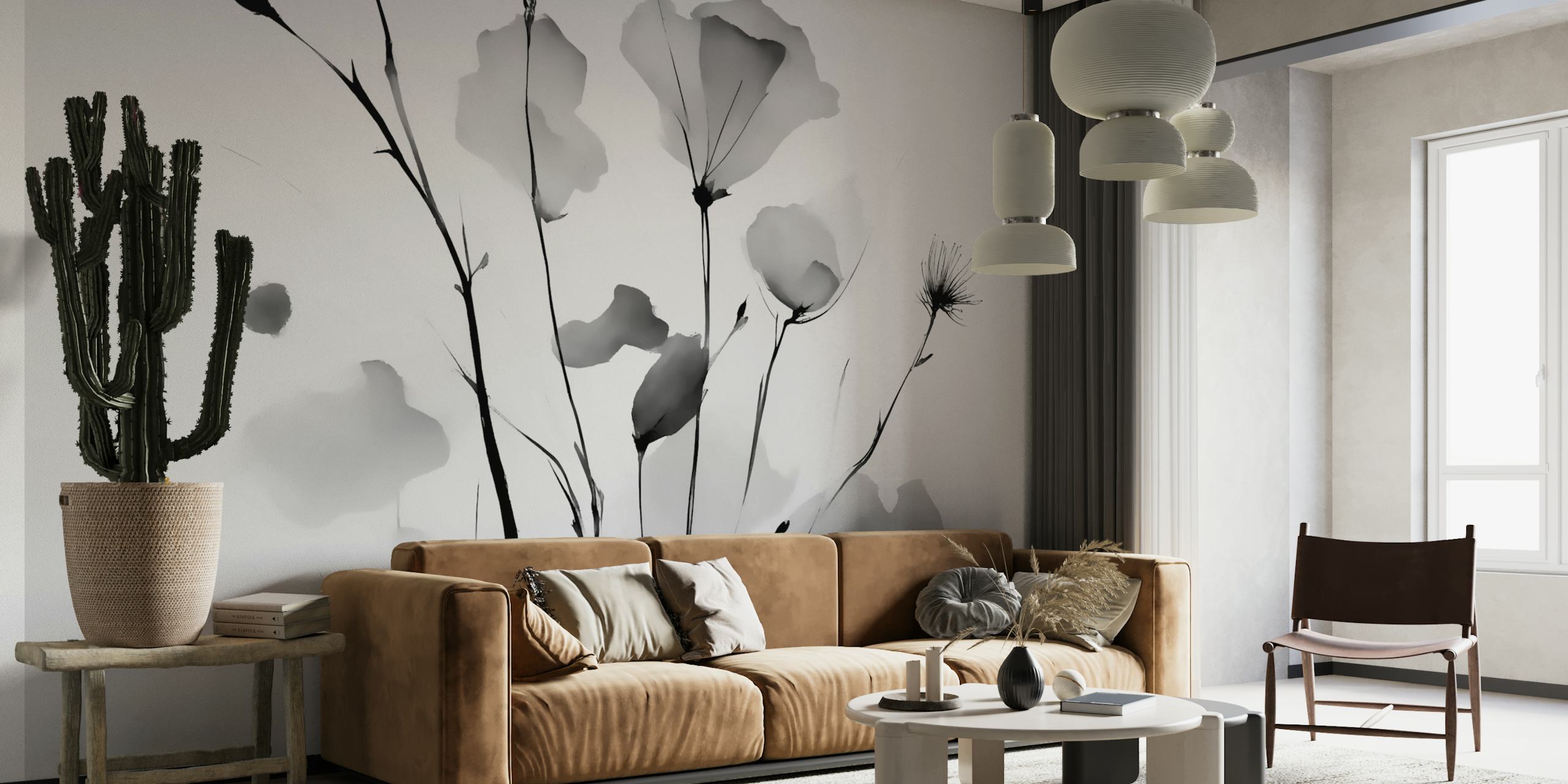 Mural de parede floral japonês Meadow Black White em estilo monocromático
