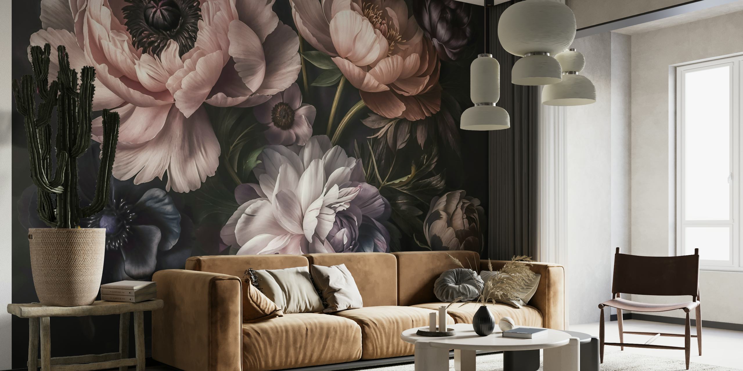 Dark moody baroque floral wall mural with smoky pink and peach blooms