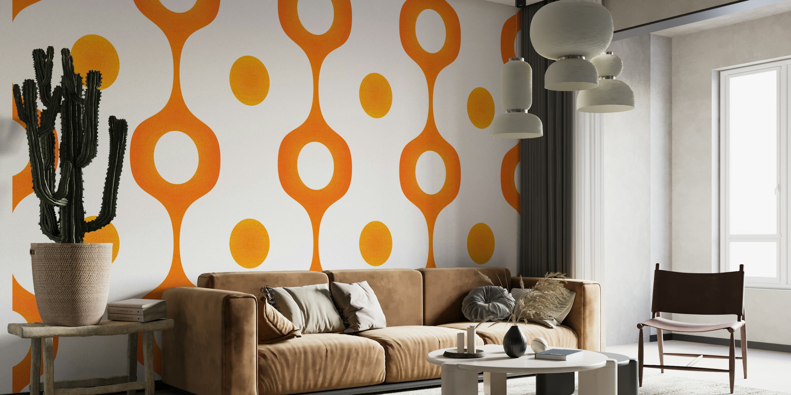 Papel tapiz geométrico naranja Retro 70s en una habitación
