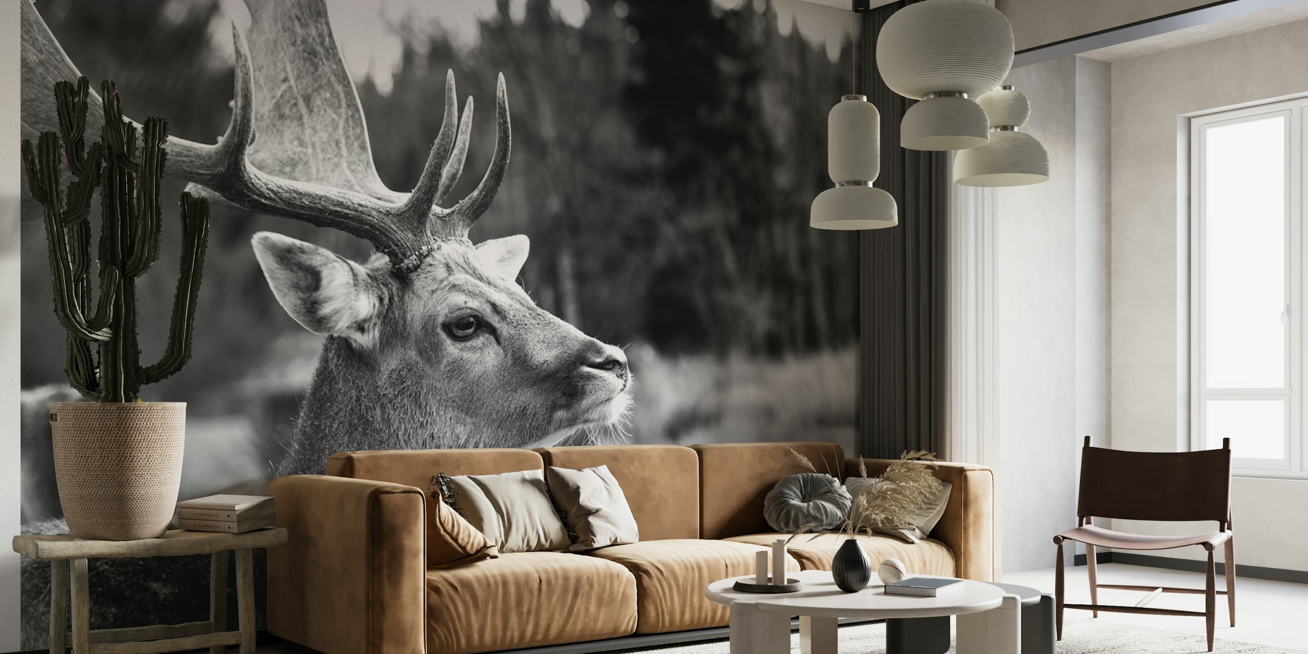 Monochrome wall mural depicting a stag in a mountain forest
