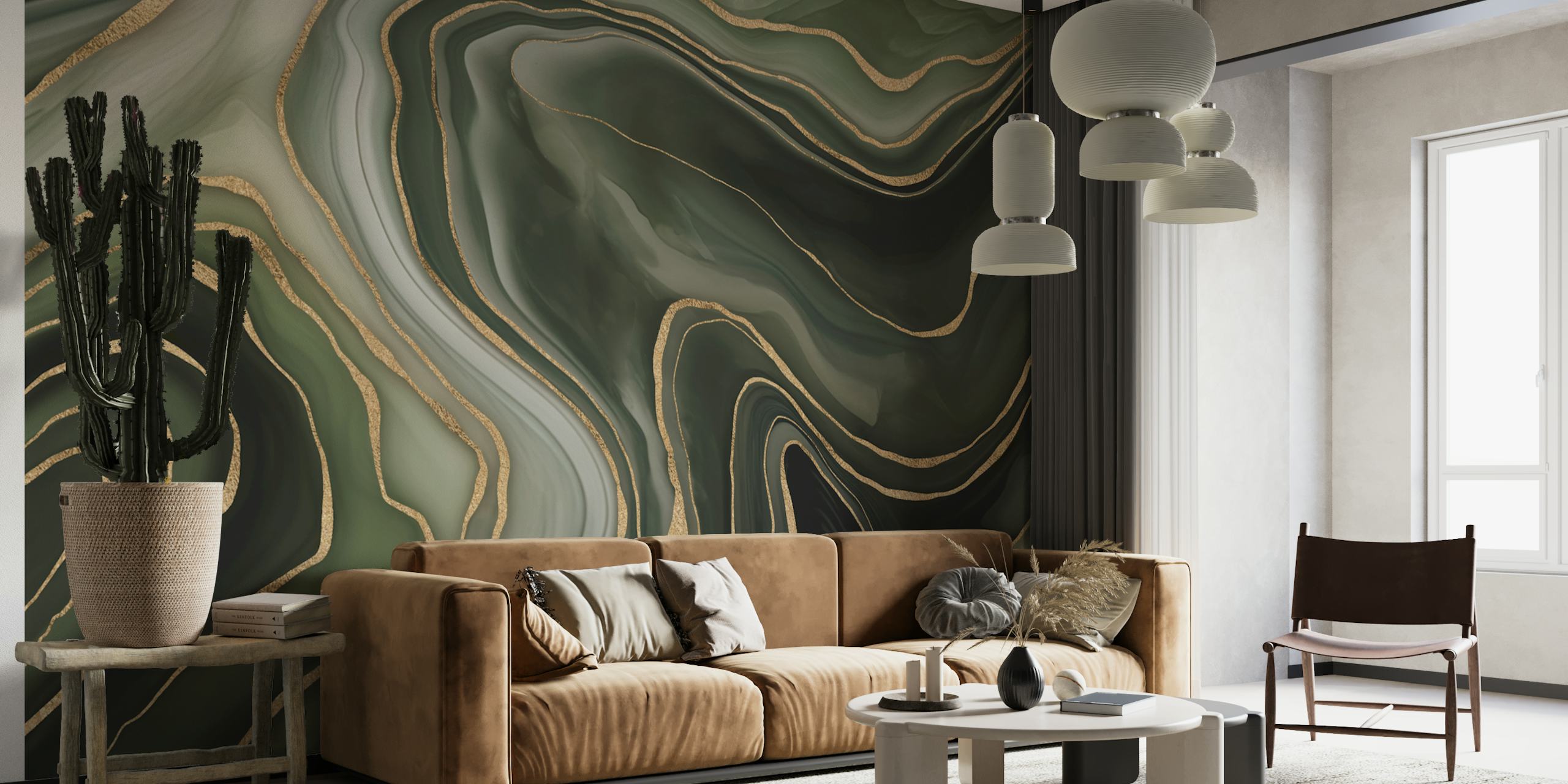 Green and gray swirling marble pattern with gold accents wallpaper