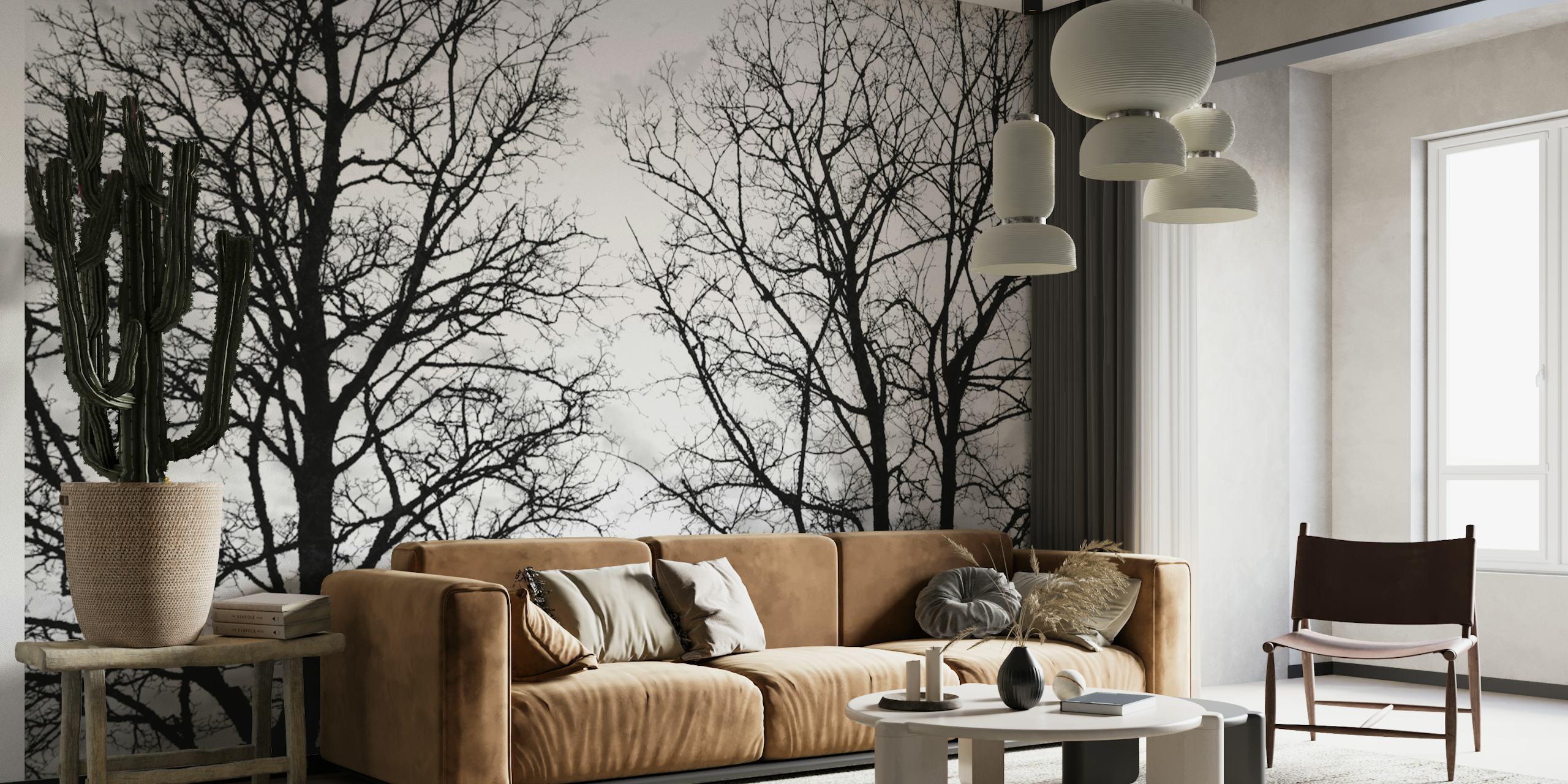 Monochrome tree silhouettes wall mural with intricate branch patterns