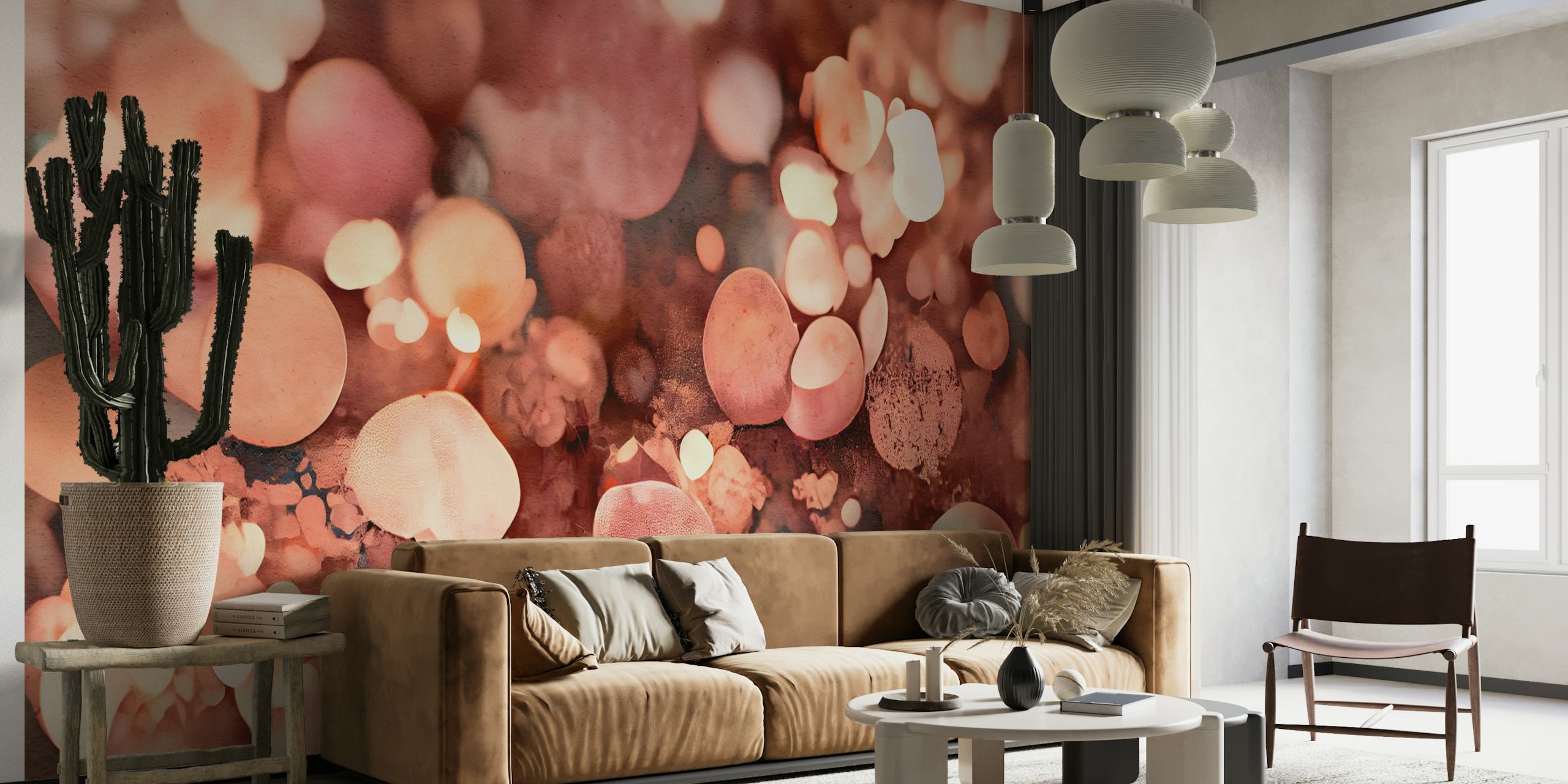 Warm-toned wall mural with rose and copper sparkles for home decor