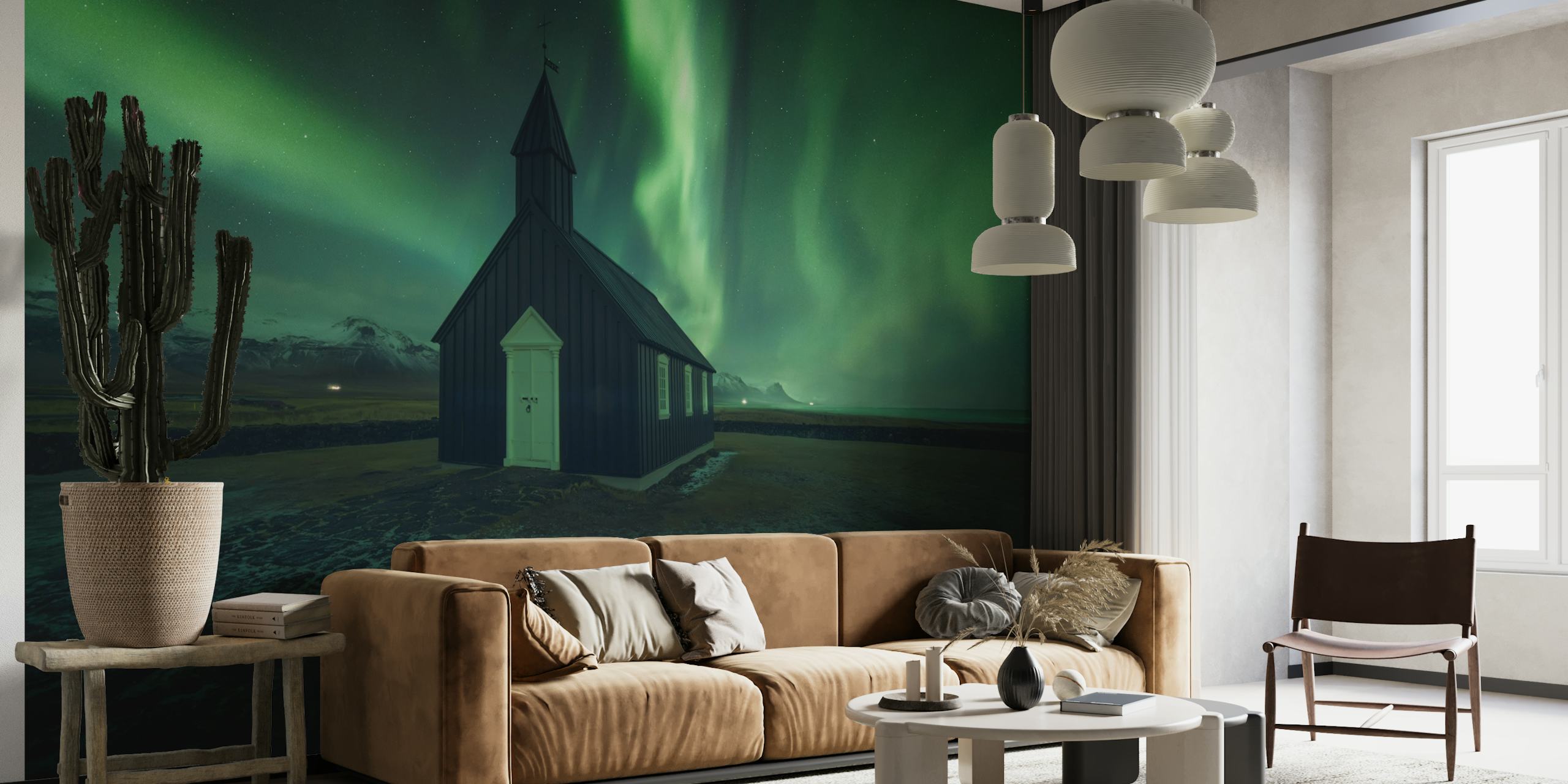 The Black Church wall mural with northern lights