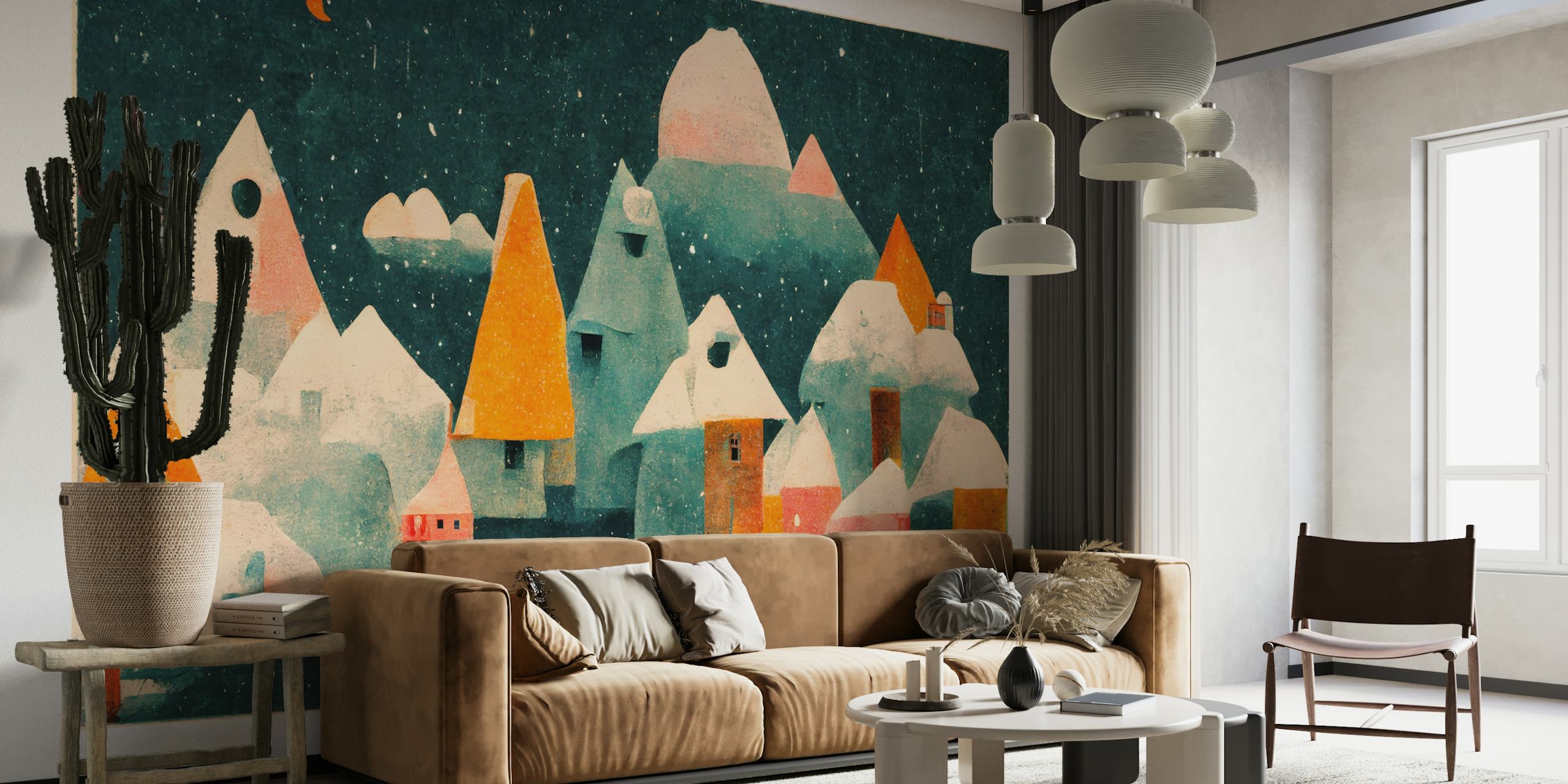 A stylized wall mural depicting a charming snow-covered village under a starry night sky with a crescent moon