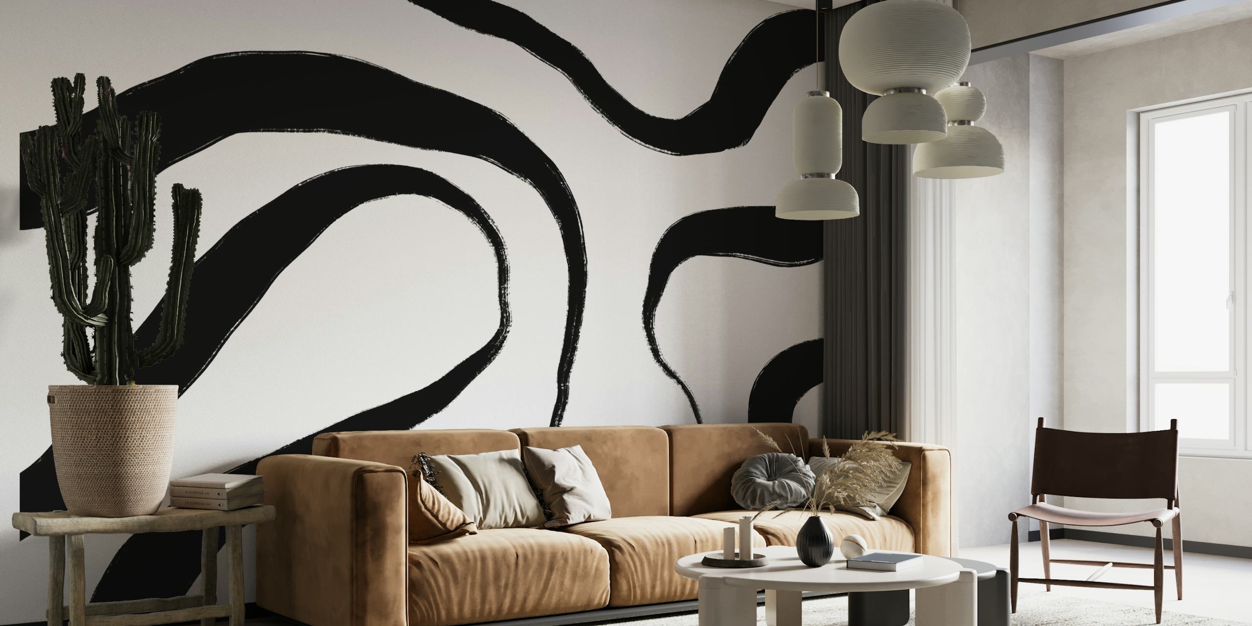 Abstract black and white fluid lines wall mural
