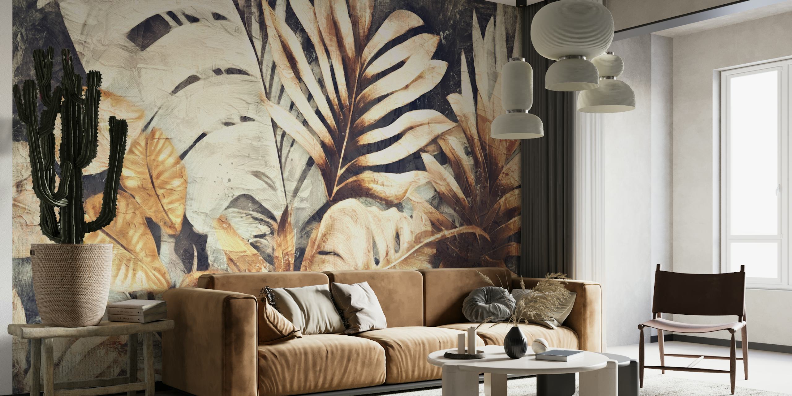 Sepia-toned tropical leaf pattern wall mural