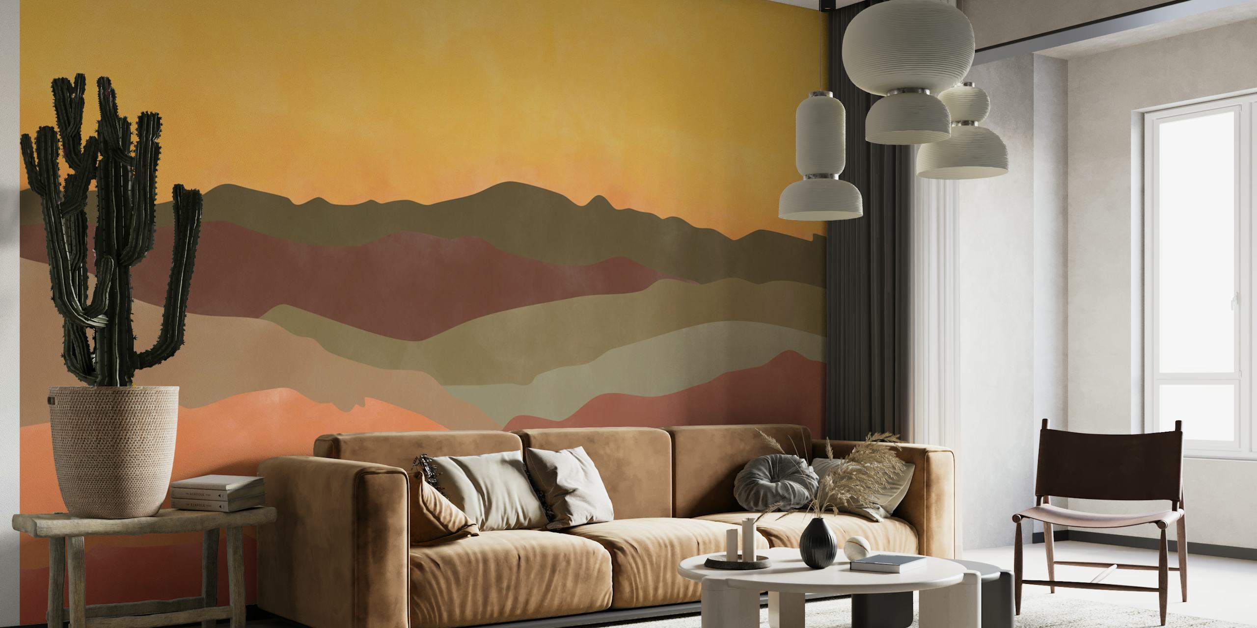 Abstract colorful landscape wall mural with layered hills in shades of red, orange, and grey.