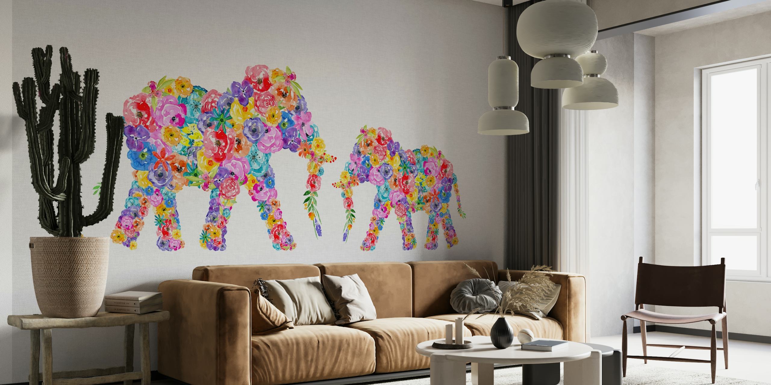 Floral elephants with colorful flowers on a light background wallpaper