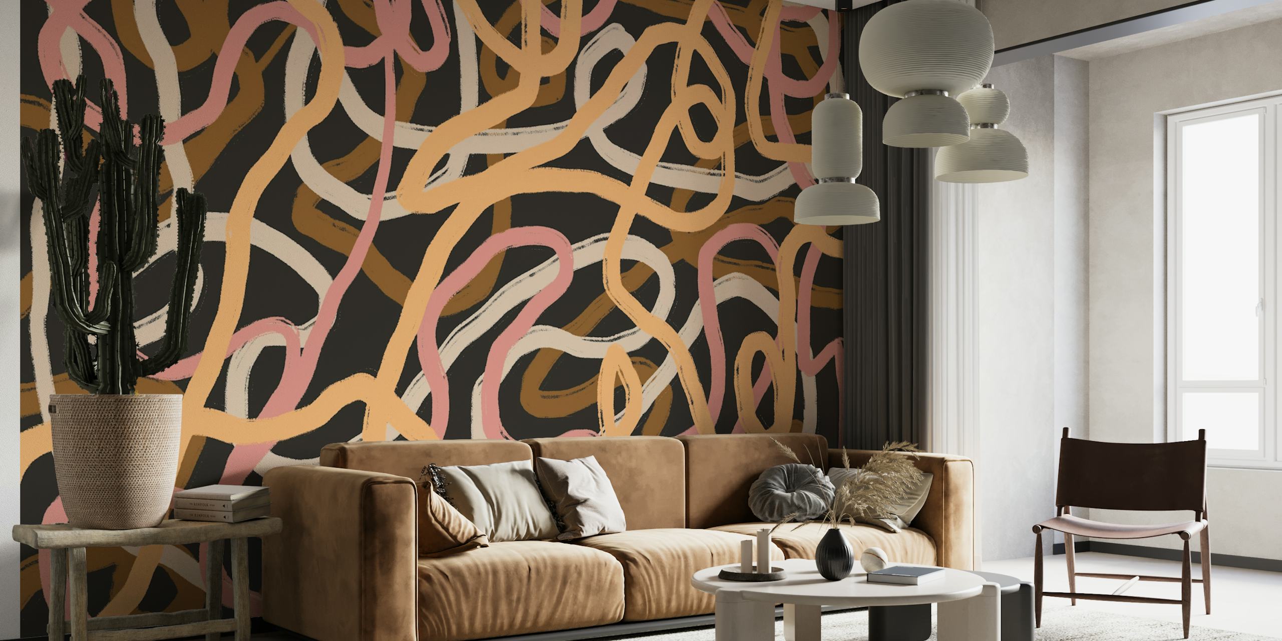 Abstract wavy lines in pink, tan, and cream on black wallpaper