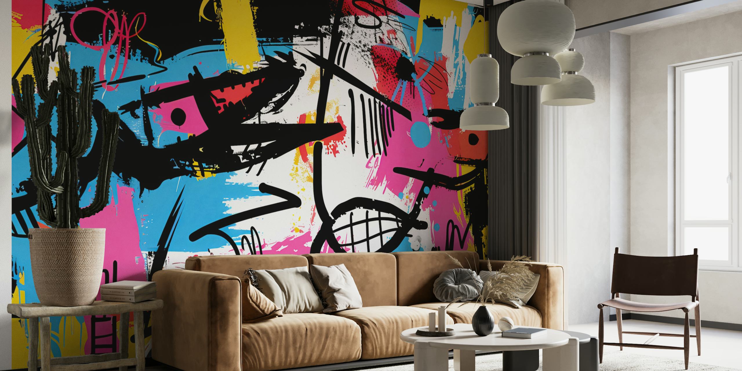 Vibrant street art style wall mural with a mix of colors and graffiti elements
