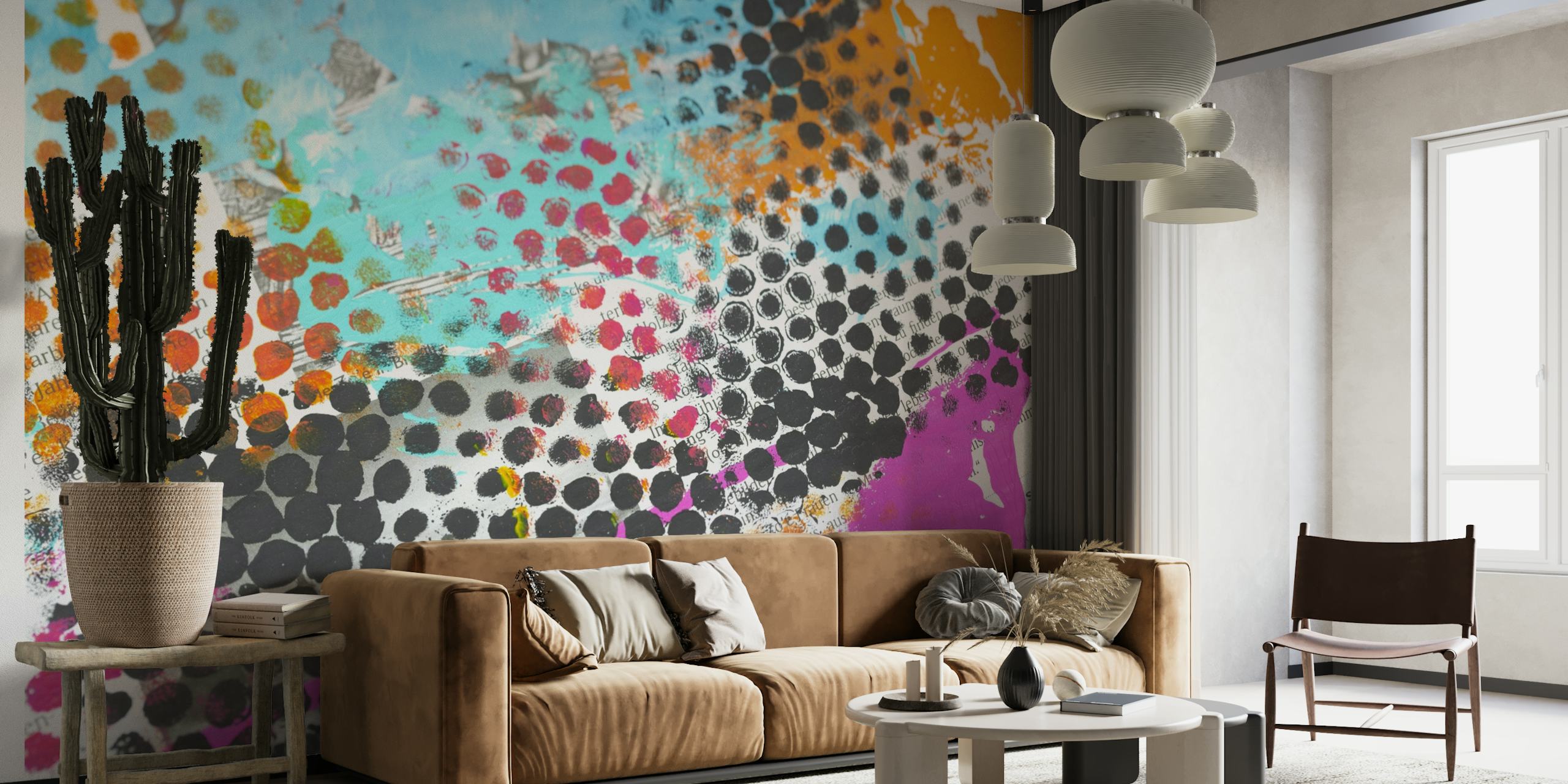 Farverigt vægmaleri i grunge-stil med prikkede mønstre og livlige farver