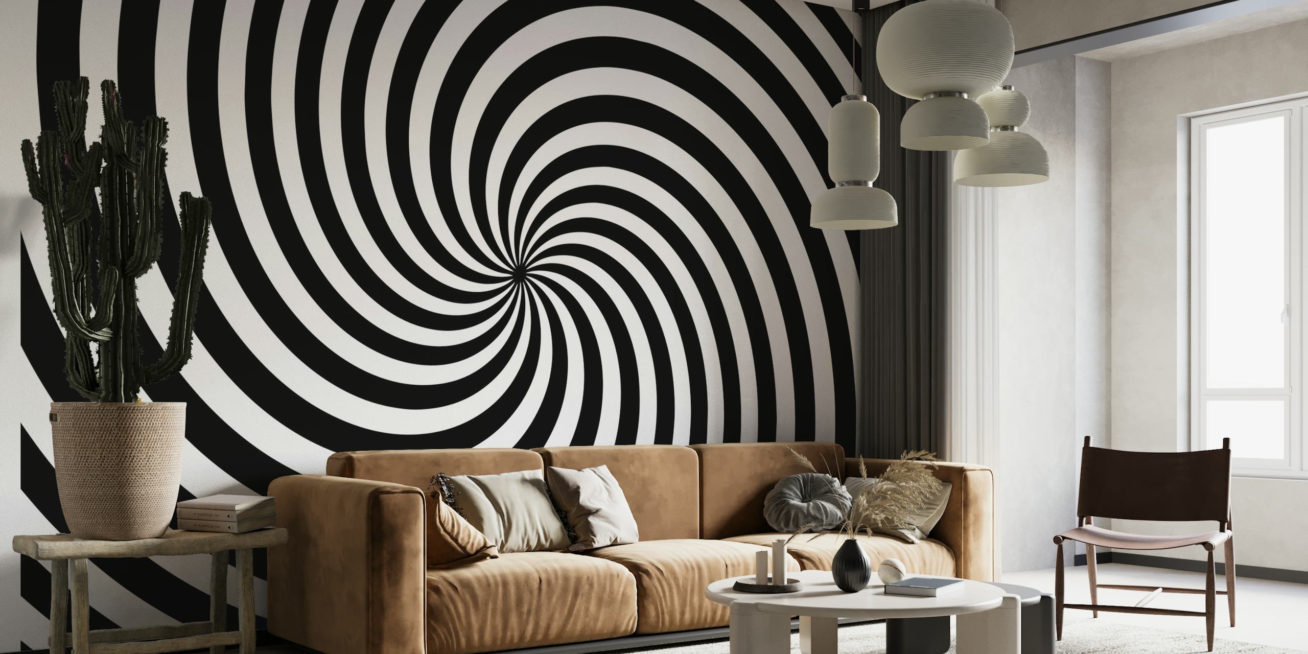 Black and white Spiral Illusion Wallpaper and Wall Mural with a striking op-art design