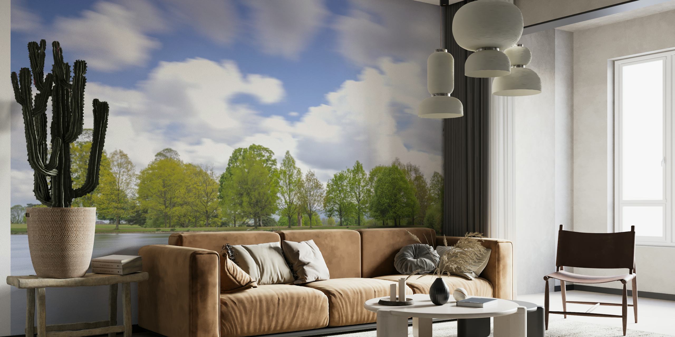 Lake scene with trees and blue sky wallpaper