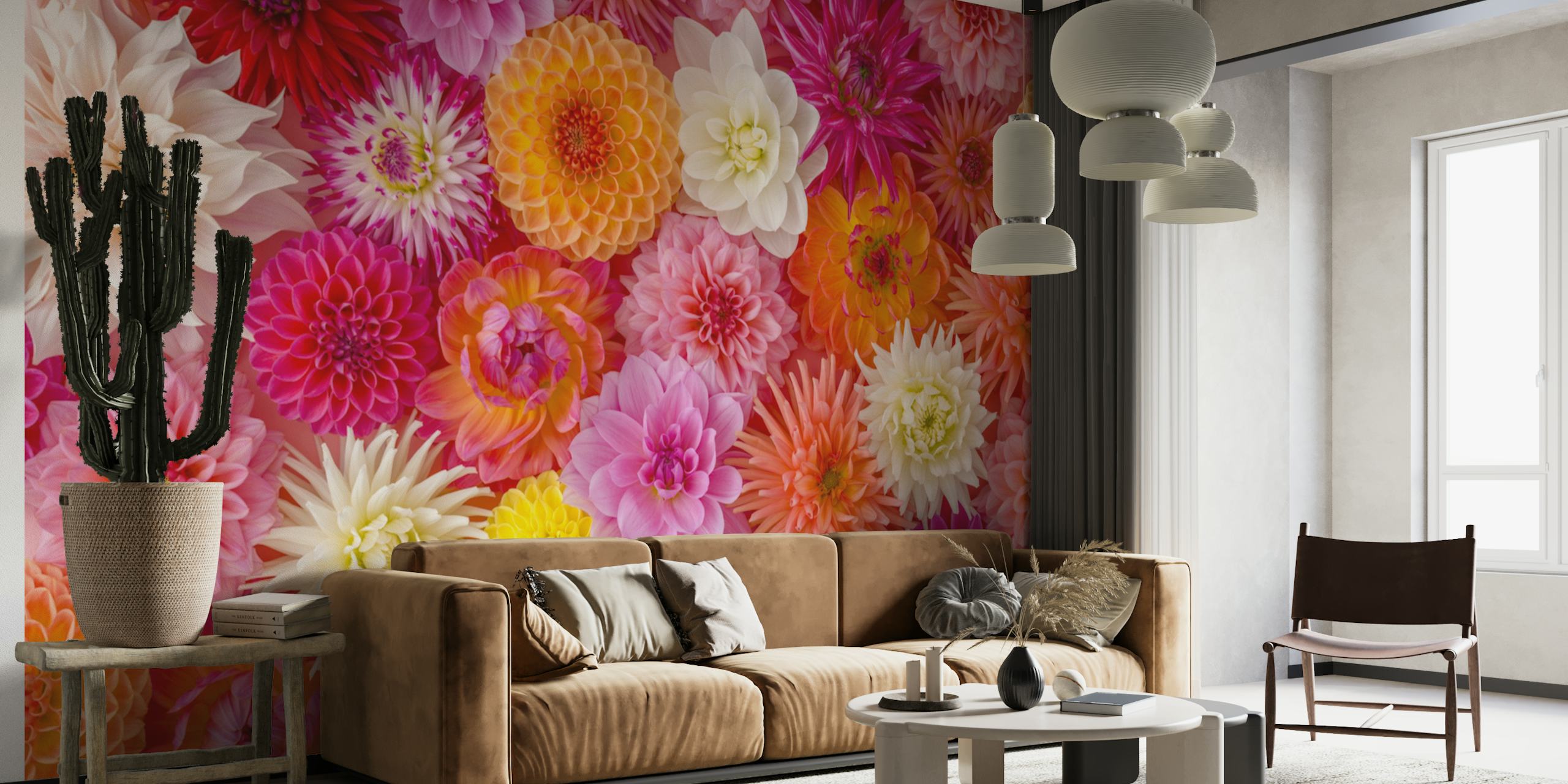 Bright floral wallpaper featuring various colorful flowers, including pink, orange, yellow, and white blooms.