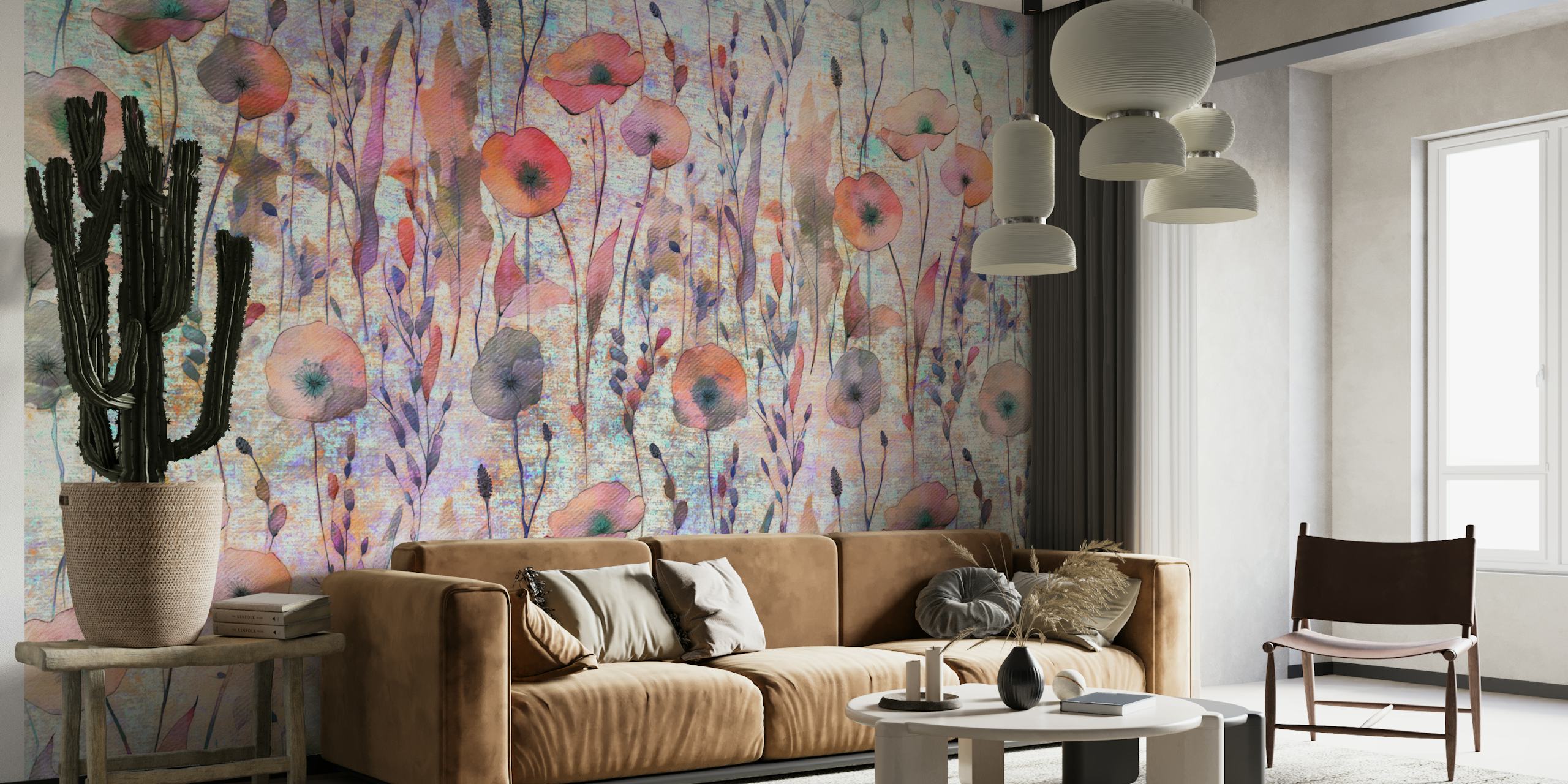 Papier peint Poppy Spring Meadow avec des couleurs pastel douces et des fleurs de pavot vibrantes évoquant une atmosphère sereine de prairie