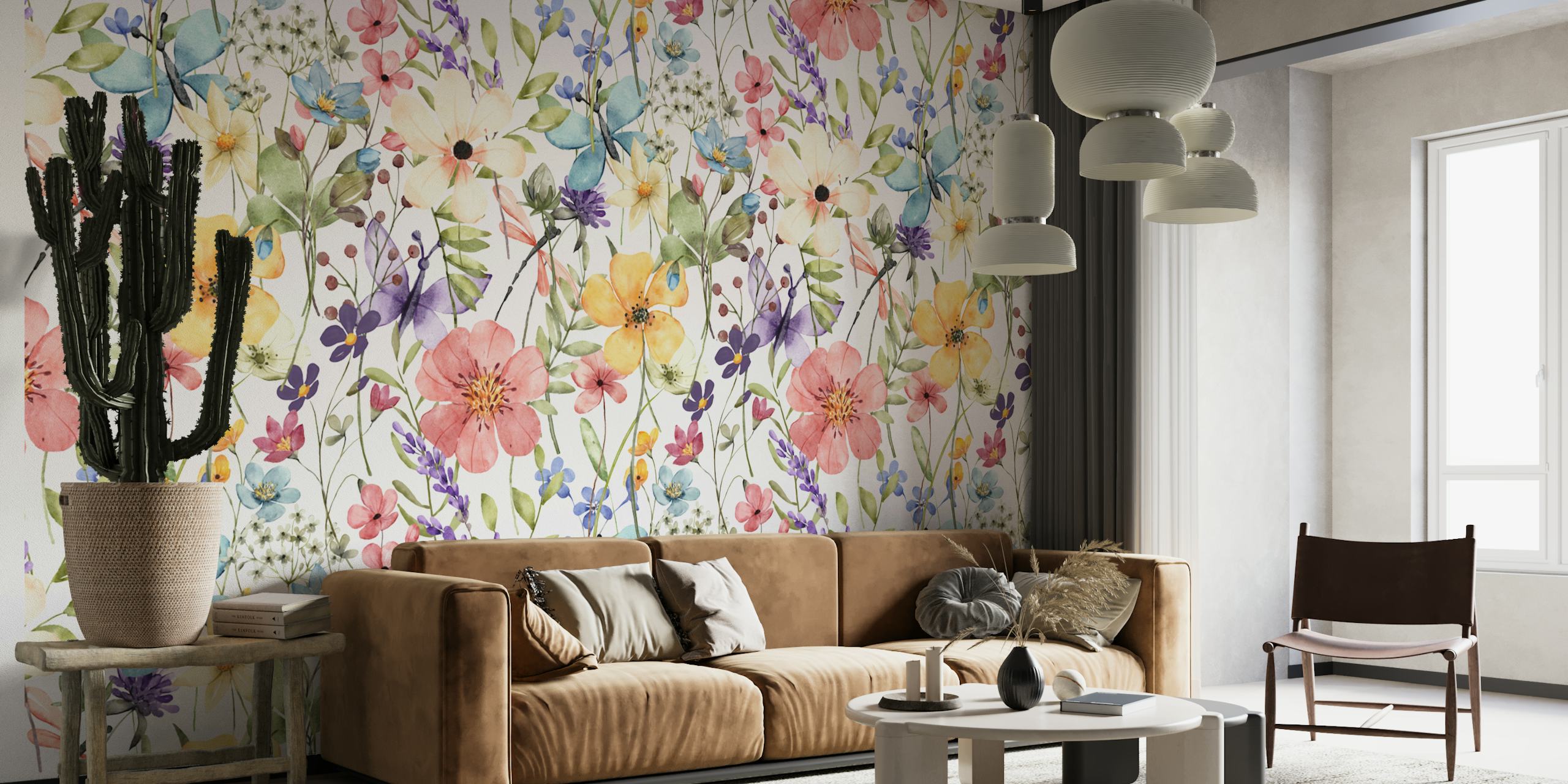 Wild watercolor flower wallpaper σε ένα δωμάτιο