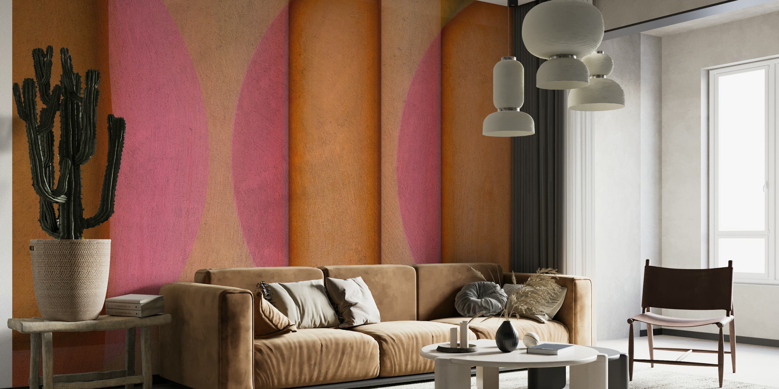 Geometric shapes in muted tones of pink and orange wallpaper