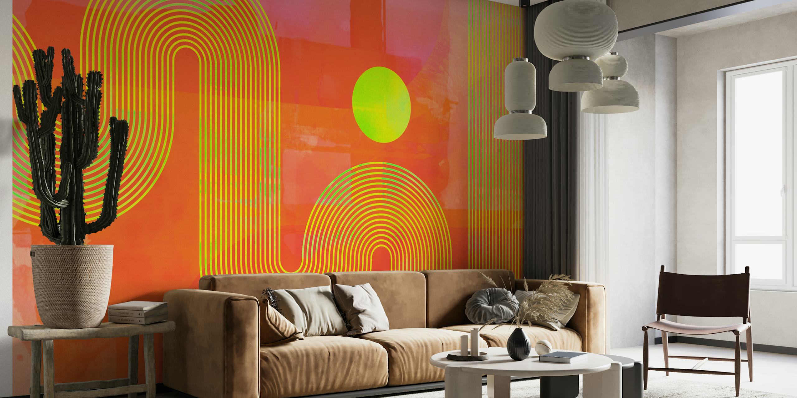 Colorful curvy lines and circles in orange and green wallpaper