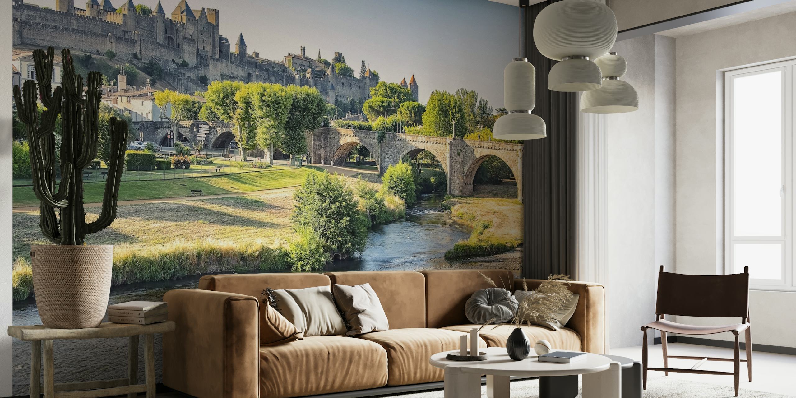 Scenic Carcassonne Old Town view with river, greenery, and medieval castle wallpaper