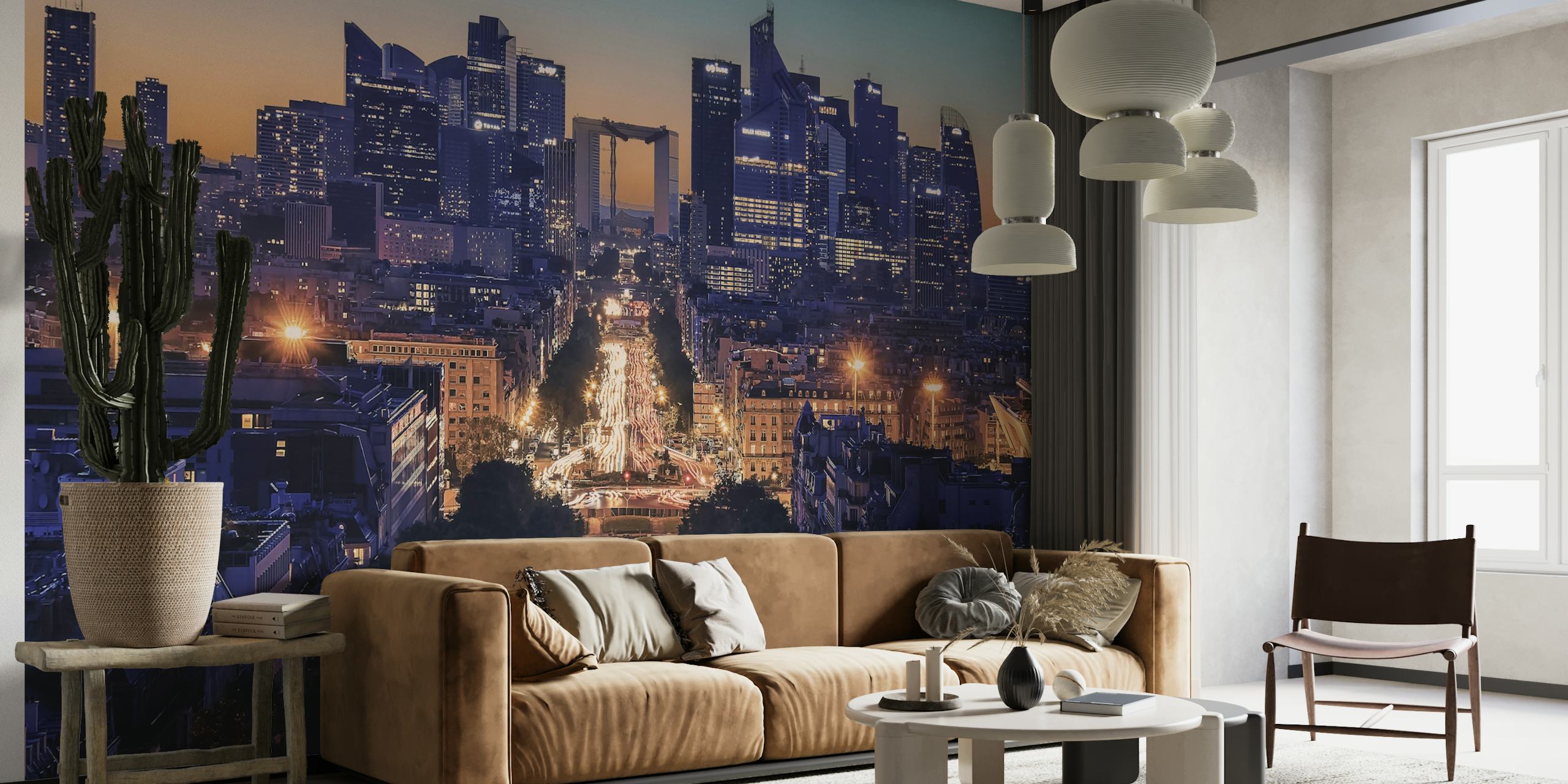 Cityscape at sunset with buildings and street lights wallpaper