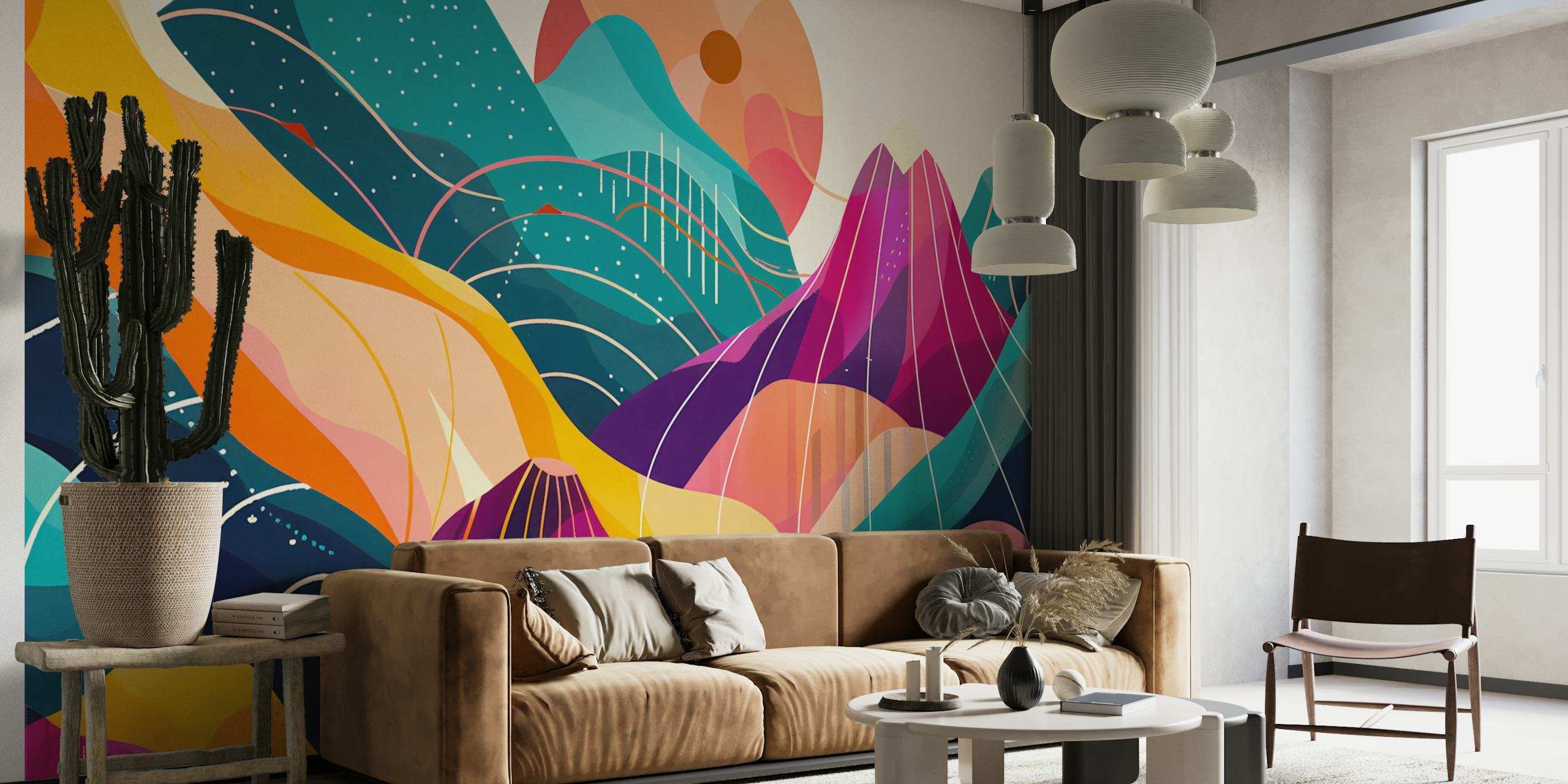 Colorful abstract mountain landscape with vibrant hues wallpaper