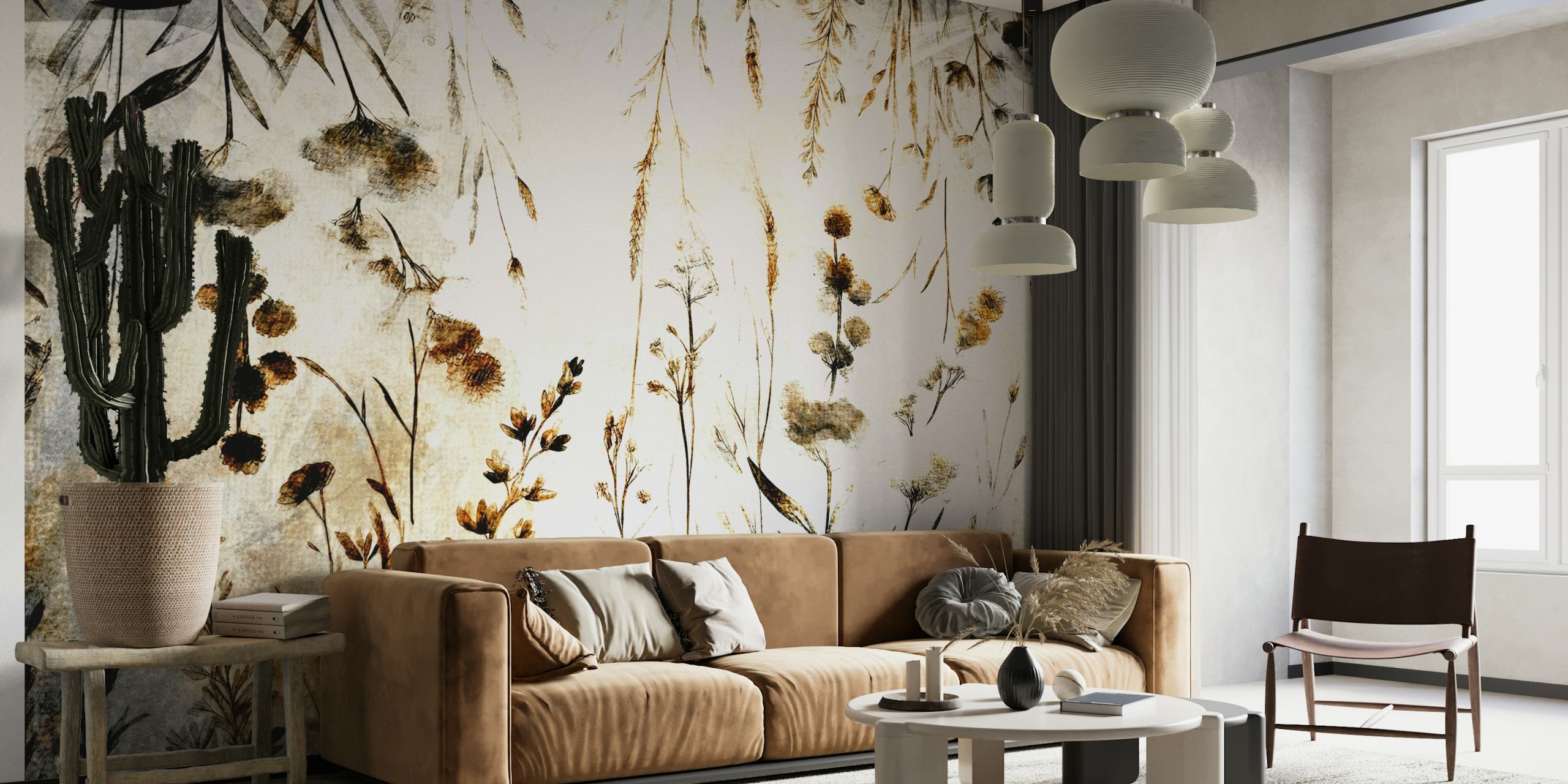 Black and white botanical wallpaper with wildflower design