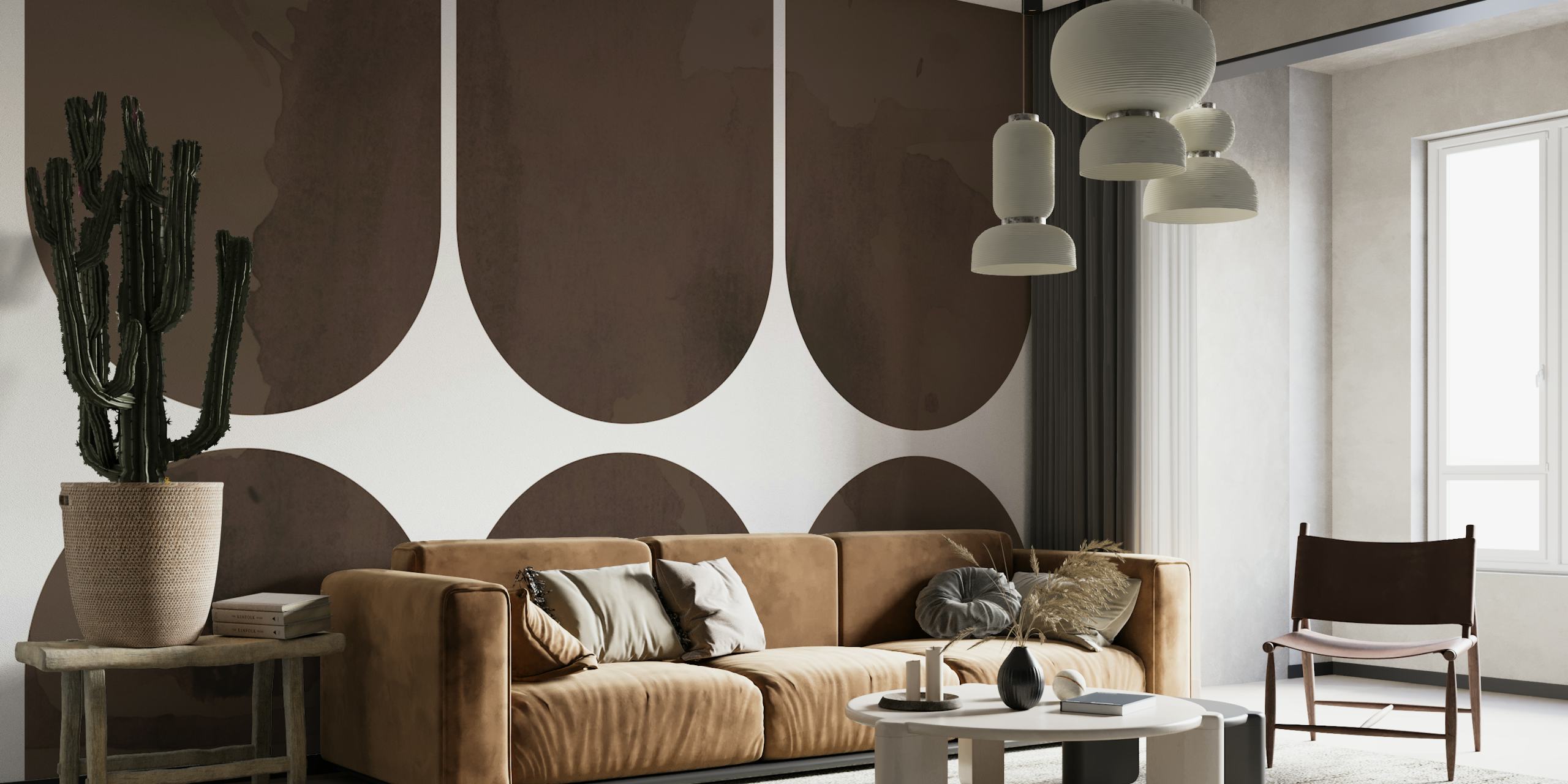 carta da parati 70s Brown Mid-Century Arches in una stanza