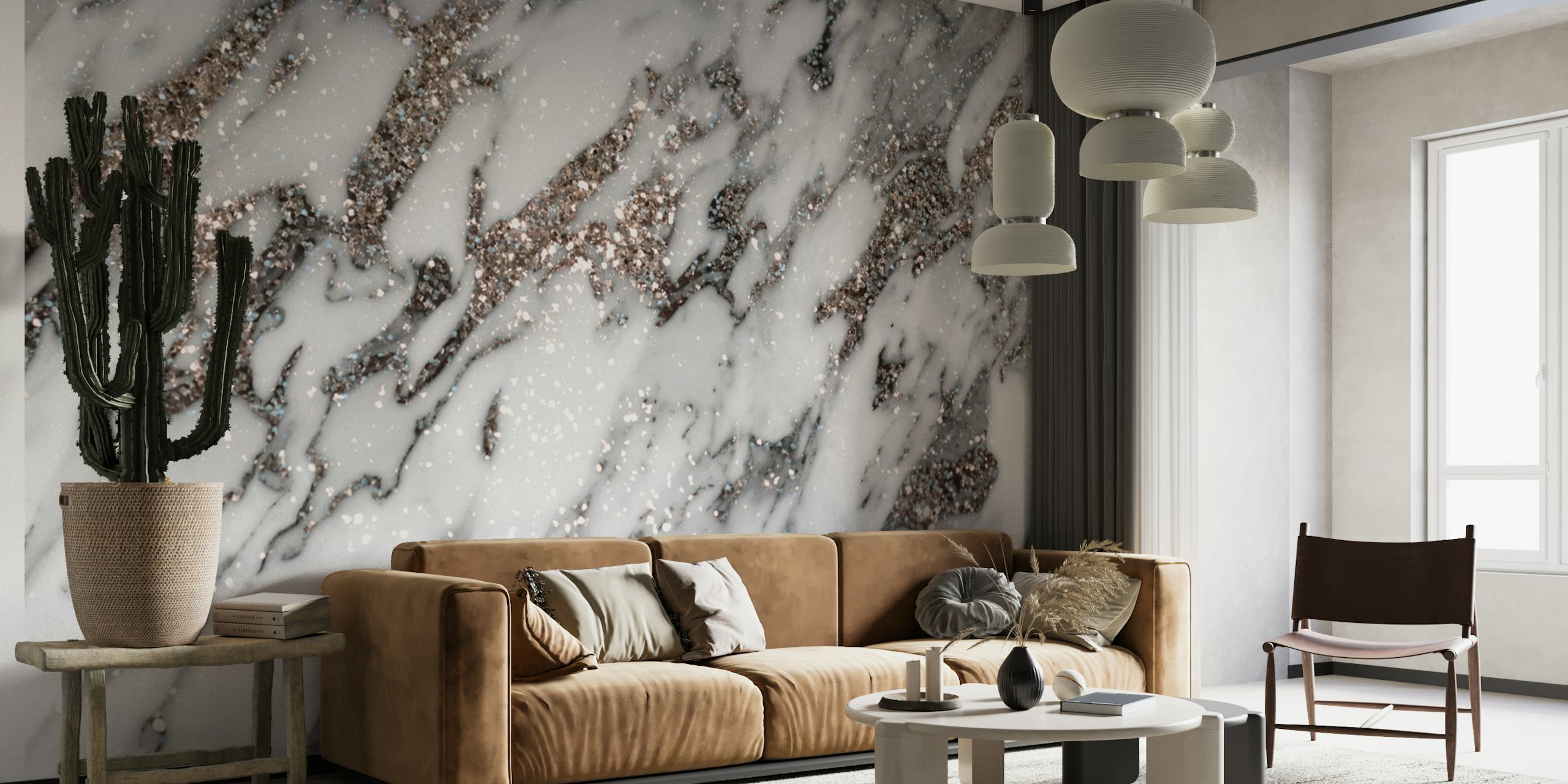 Marble pattern with silver glitter accents in white, gray tones wallpaper