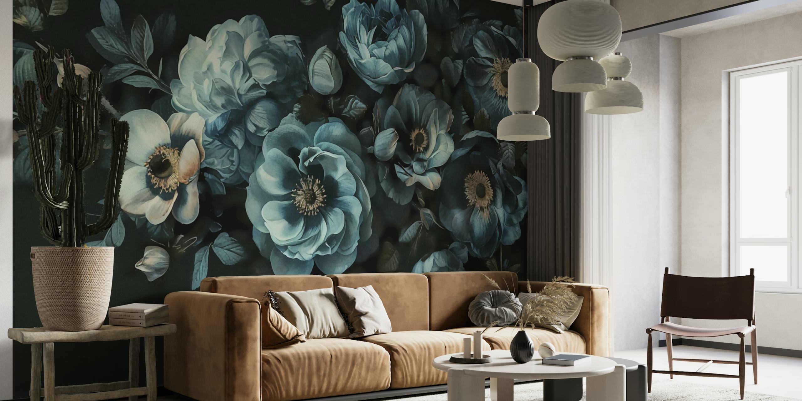 Floral Moody Watercolor Blooms Teal tapeta v místnosti