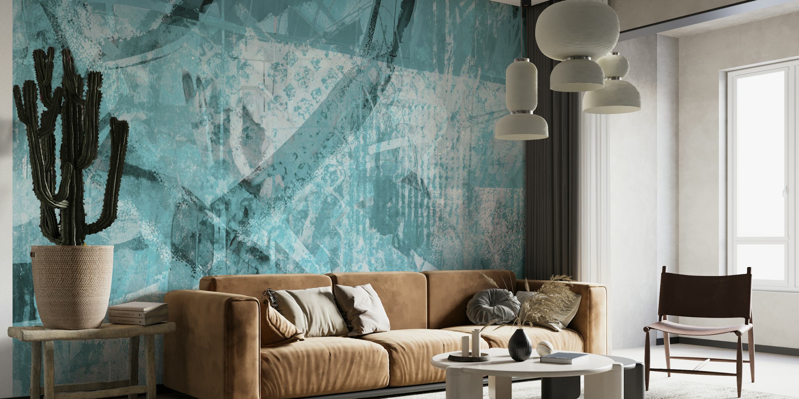 Teal and white abstract art wallpaper in a room