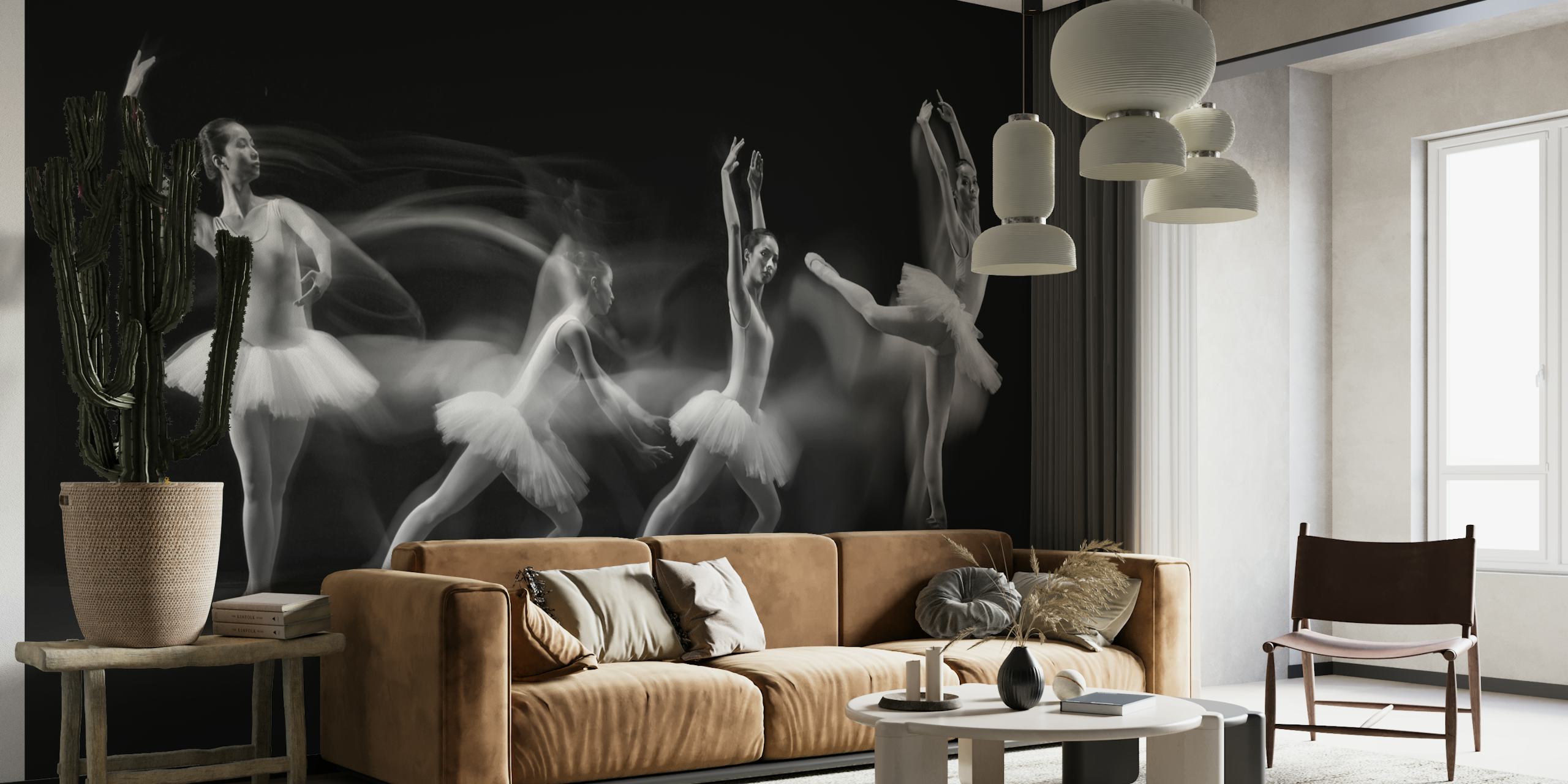 Mustavalkoinen balettitanssijan seinämaalaus, joka muodostaa taiteellisen aallon