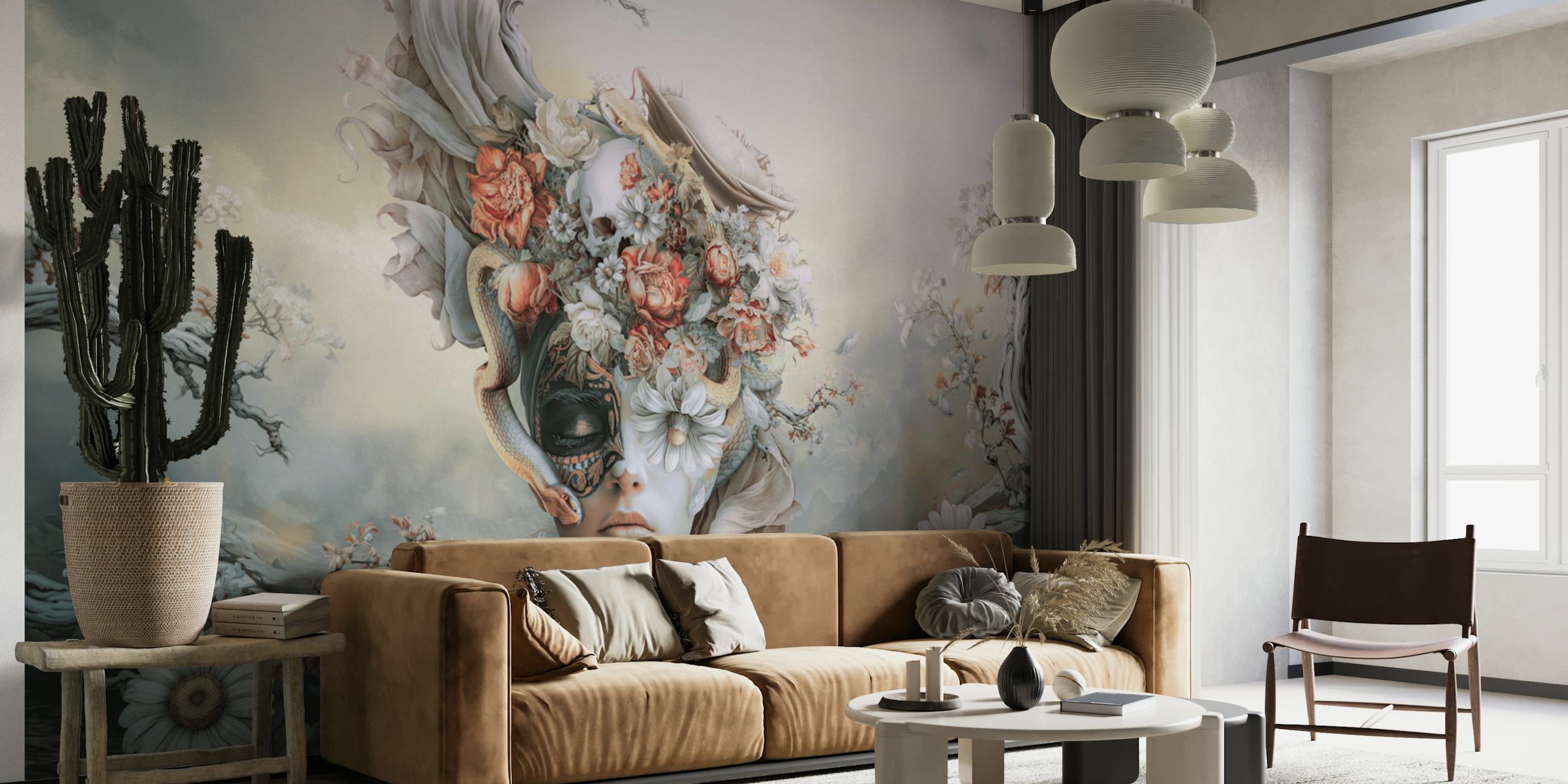 Blumen-Tapetdesign mit einem Frauenkopf