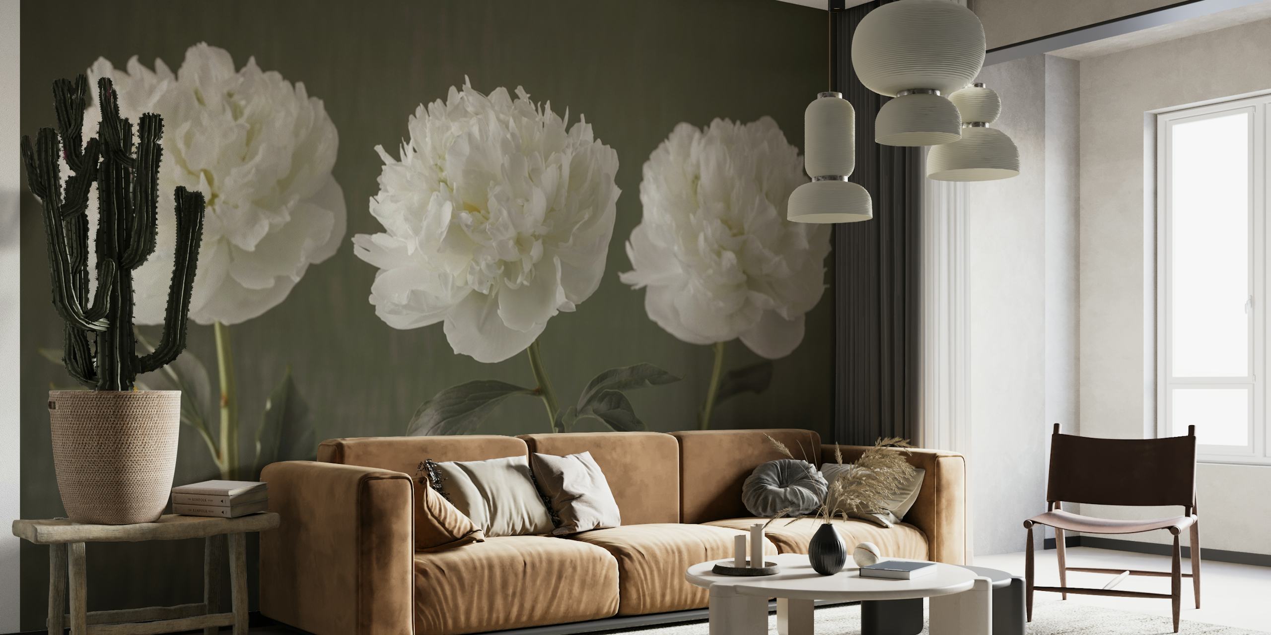 White peonies wall mural with a textured background for a peaceful ambiance