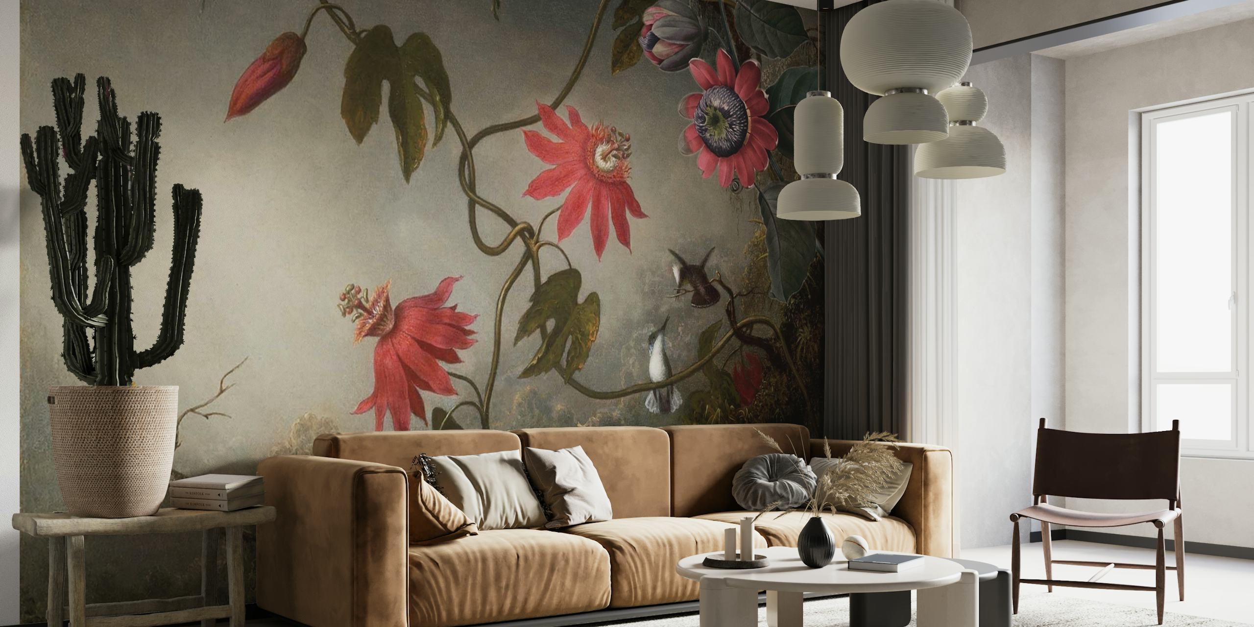 Tropical Flower Jungle wallpaper tentoongesteld in een kamer