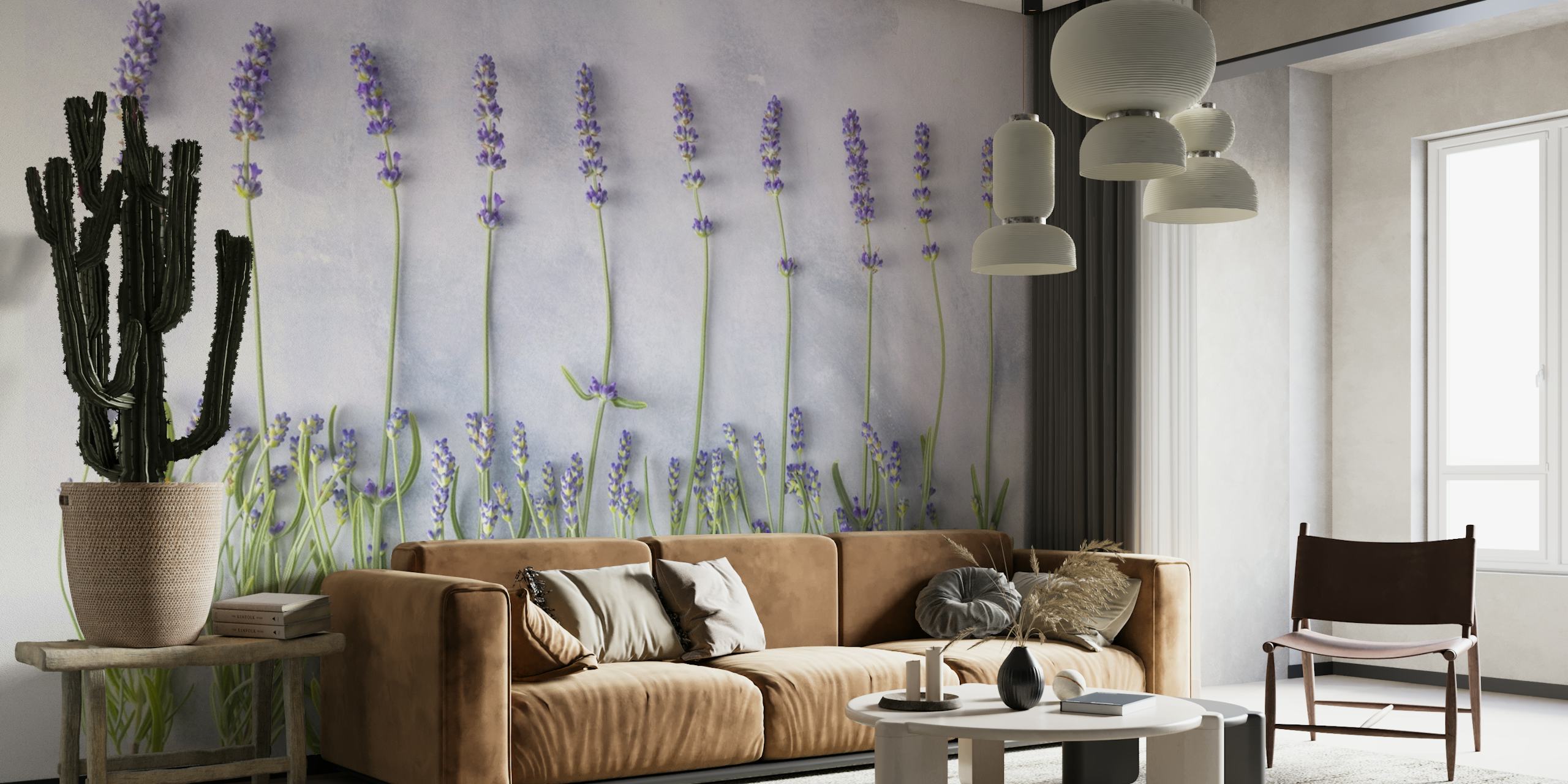 Row of lavender flowers on a soft gray background wallpaper