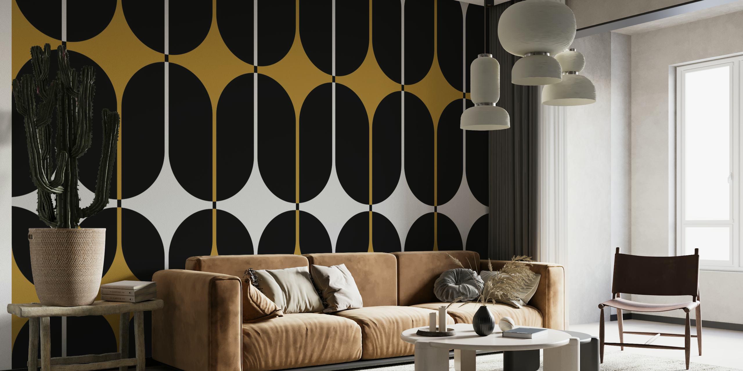 Muted gold and black geometric shapes wall mural in mid-century modern style