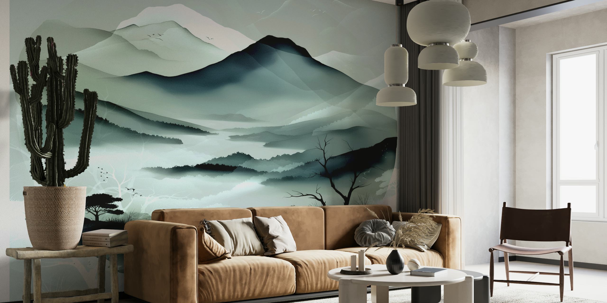 Moody mountains with mist and trees in blue and grey wallpaper